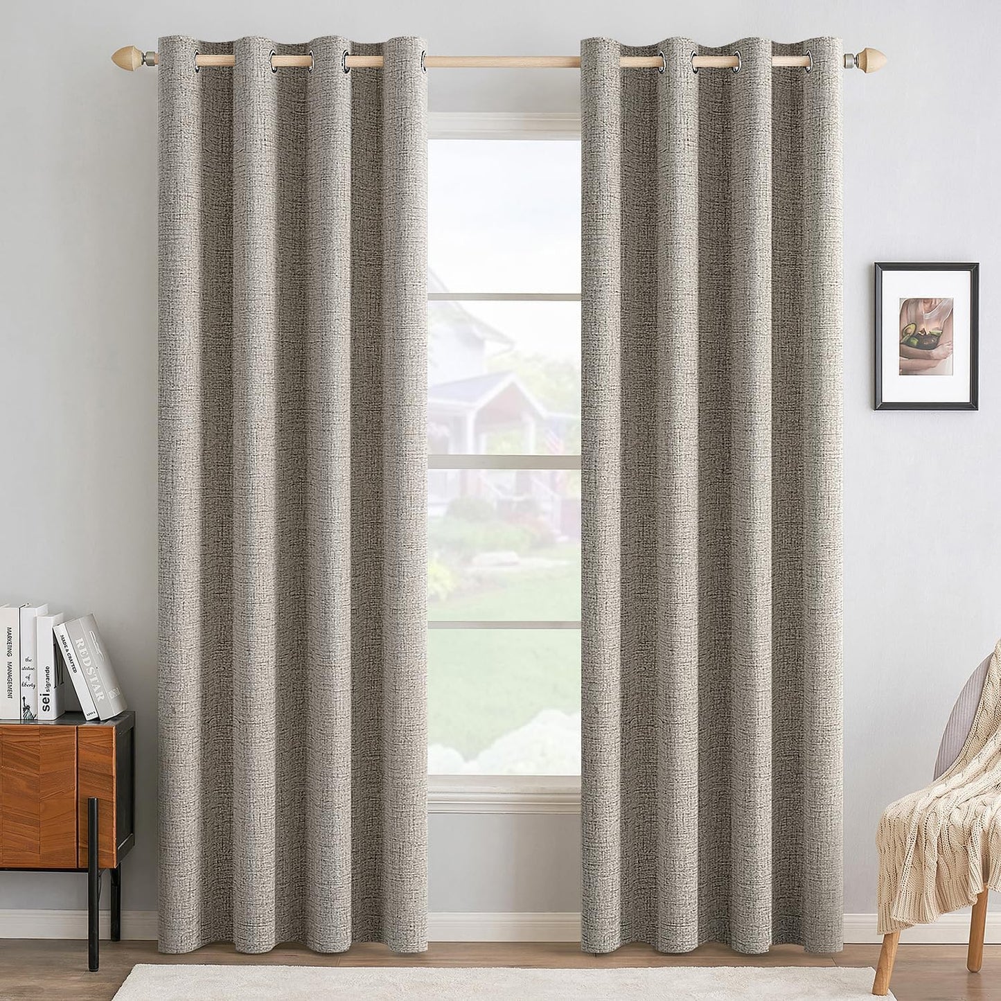 MIULEE 100% Blackout Linen Textured Curtains for Bedroom Solid Thermal Insulated Natural Beige Grommet Room Darkening Curtains & Drapes Luxury Decor for Living Room Nursery 62 x 96 Inch (2 Panels)
