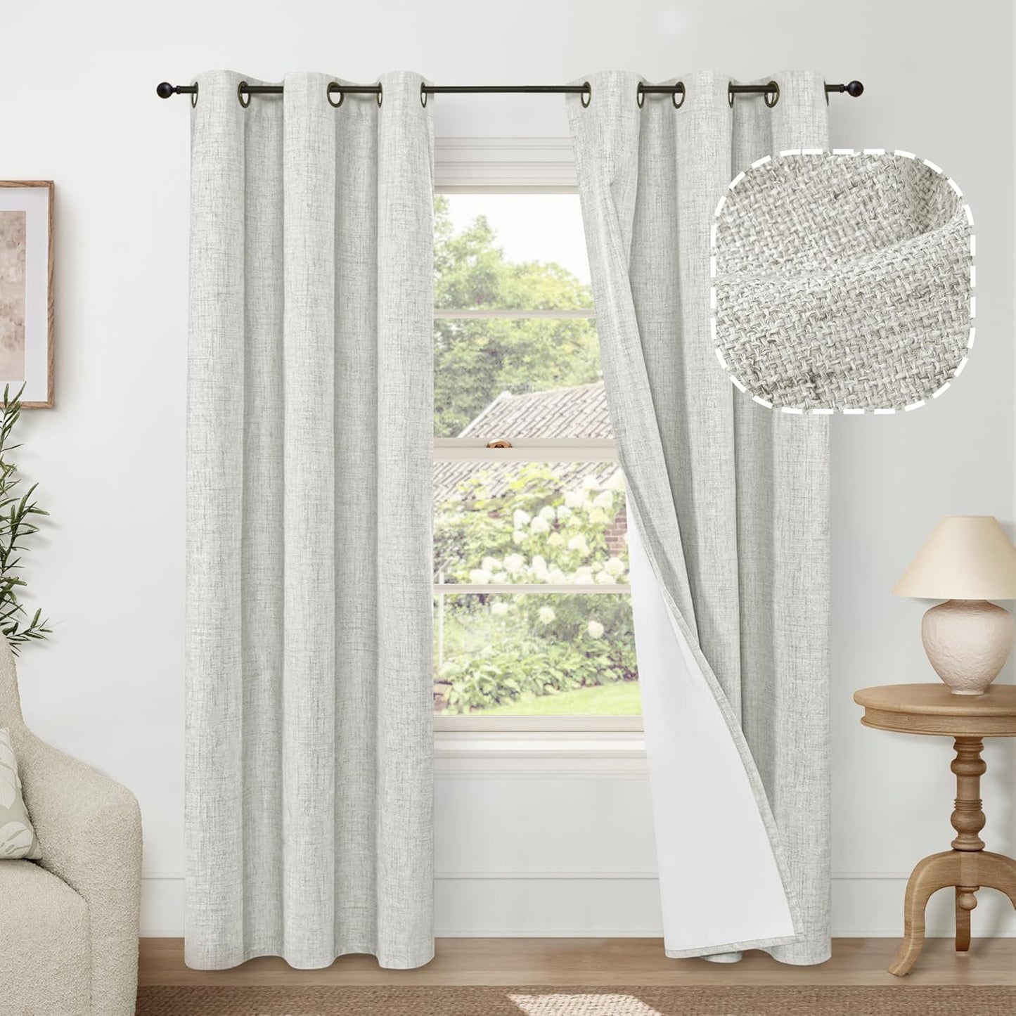 60 Inch Wide Linen Blackout Curtains for Living Room/Bedroom 84 Inch Length 2 Panels, Total Black Out Thermal Insulated Soundproof Grommet Boho Window Drapes White Liner for Modern Farmhouse, Natural