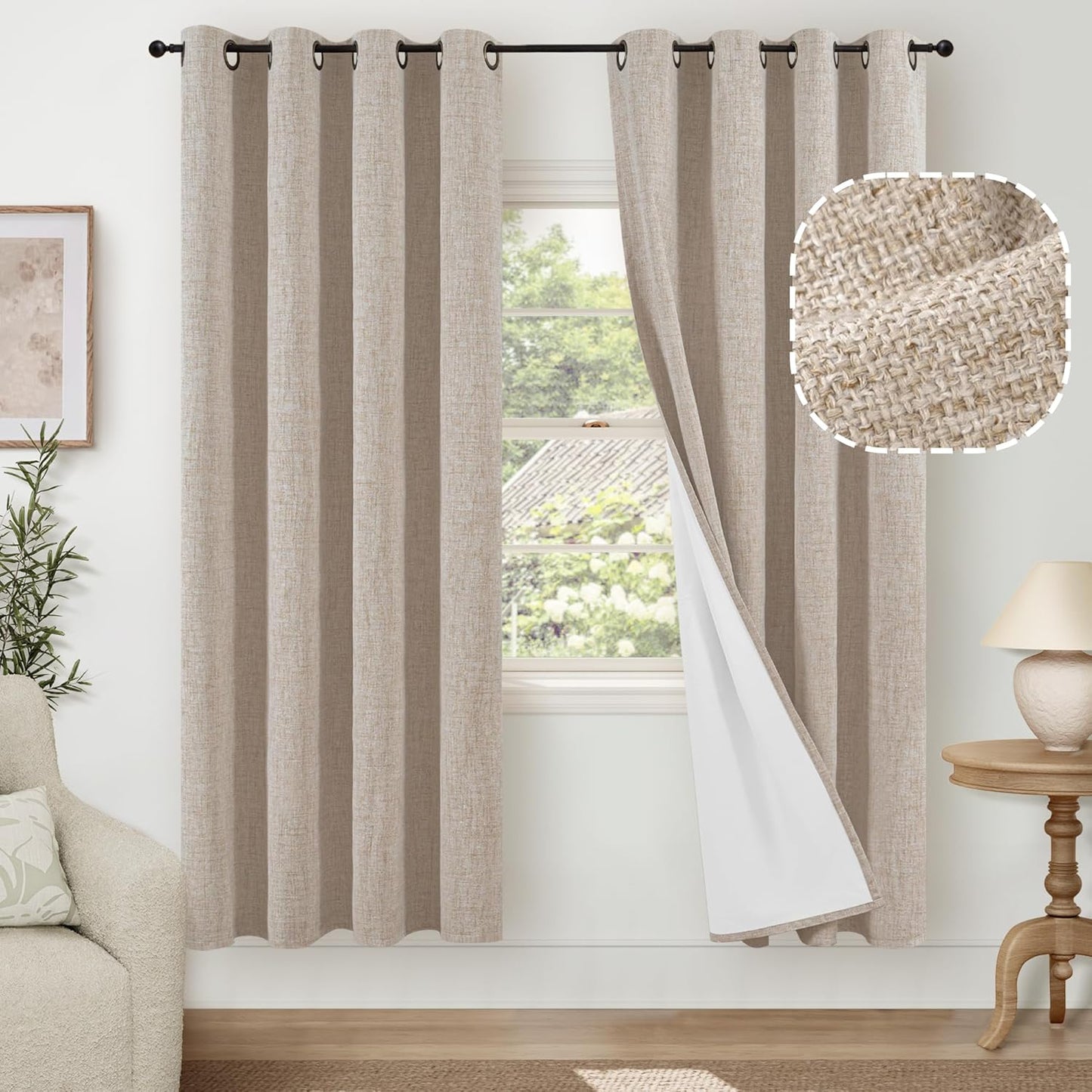 60 Inch Wide Linen Blackout Curtains for Living Room/Bedroom 84 Inch Length 2 Panels, Total Black Out Thermal Insulated Soundproof Grommet Boho Window Drapes White Liner for Modern Farmhouse, Natural