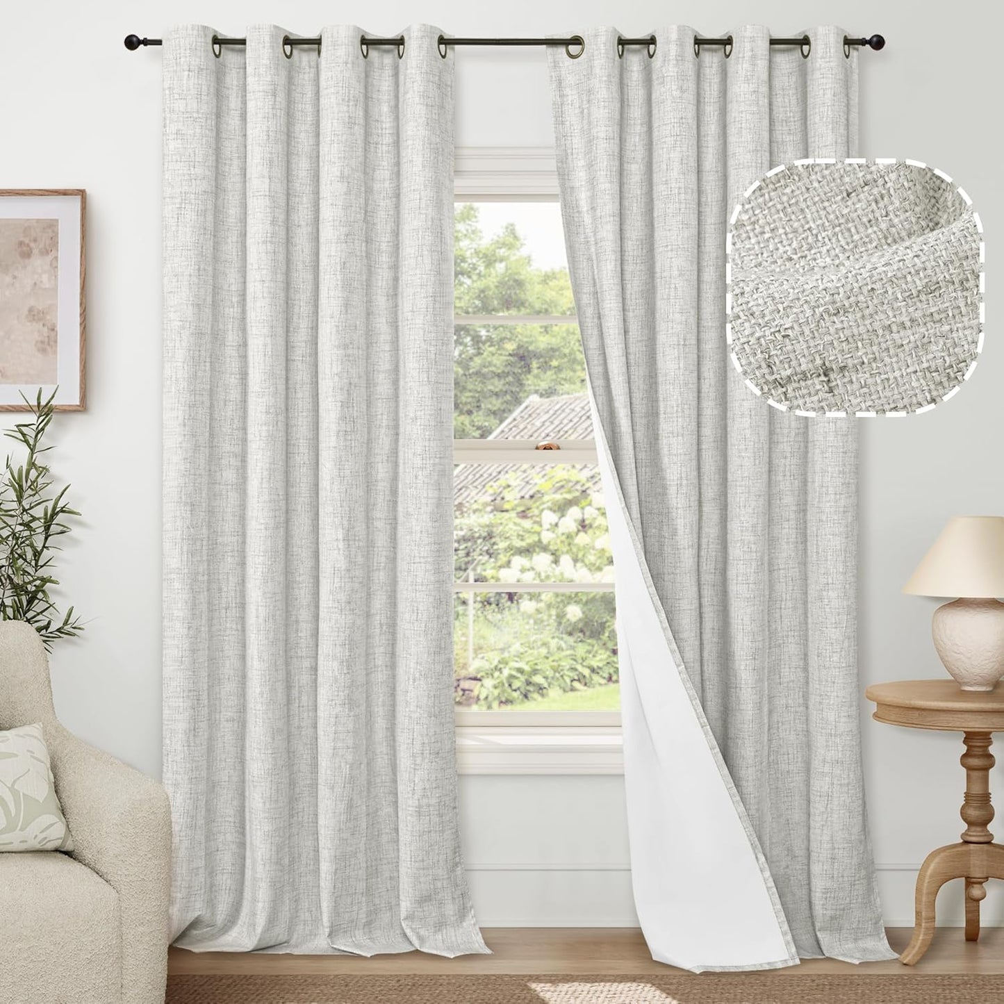 60 Inch Wide Linen Blackout Curtains for Living Room/Bedroom 84 Inch Length 2 Panels, Total Black Out Thermal Insulated Soundproof Grommet Boho Window Drapes White Liner for Modern Farmhouse, Natural