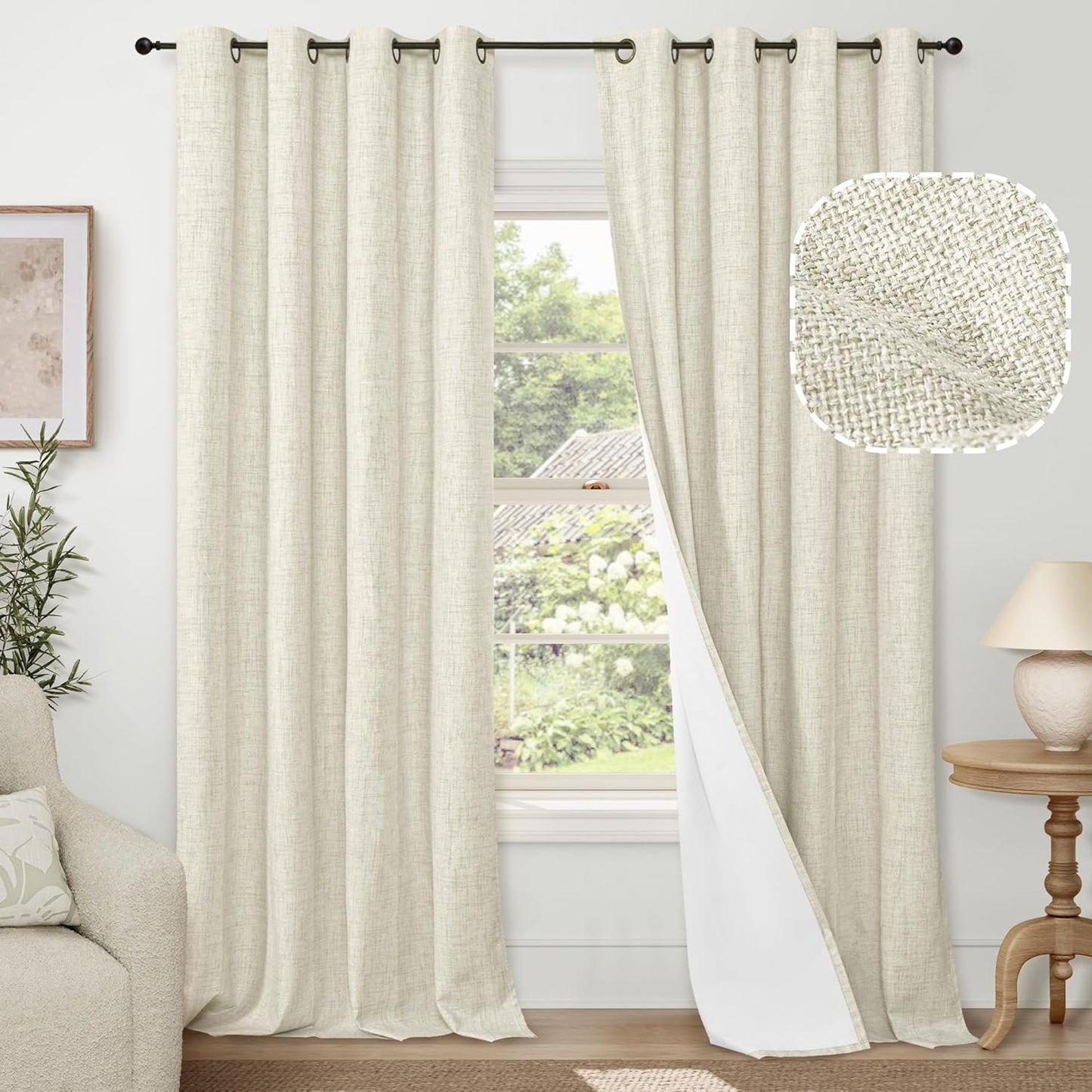 60 Inch Wide Linen Blackout Curtains for Living Room/Bedroom 84 Inch Length 2 Panels, Total Black Out Thermal Insulated Soundproof Grommet Boho Window Drapes White Liner for Modern Farmhouse, Natural