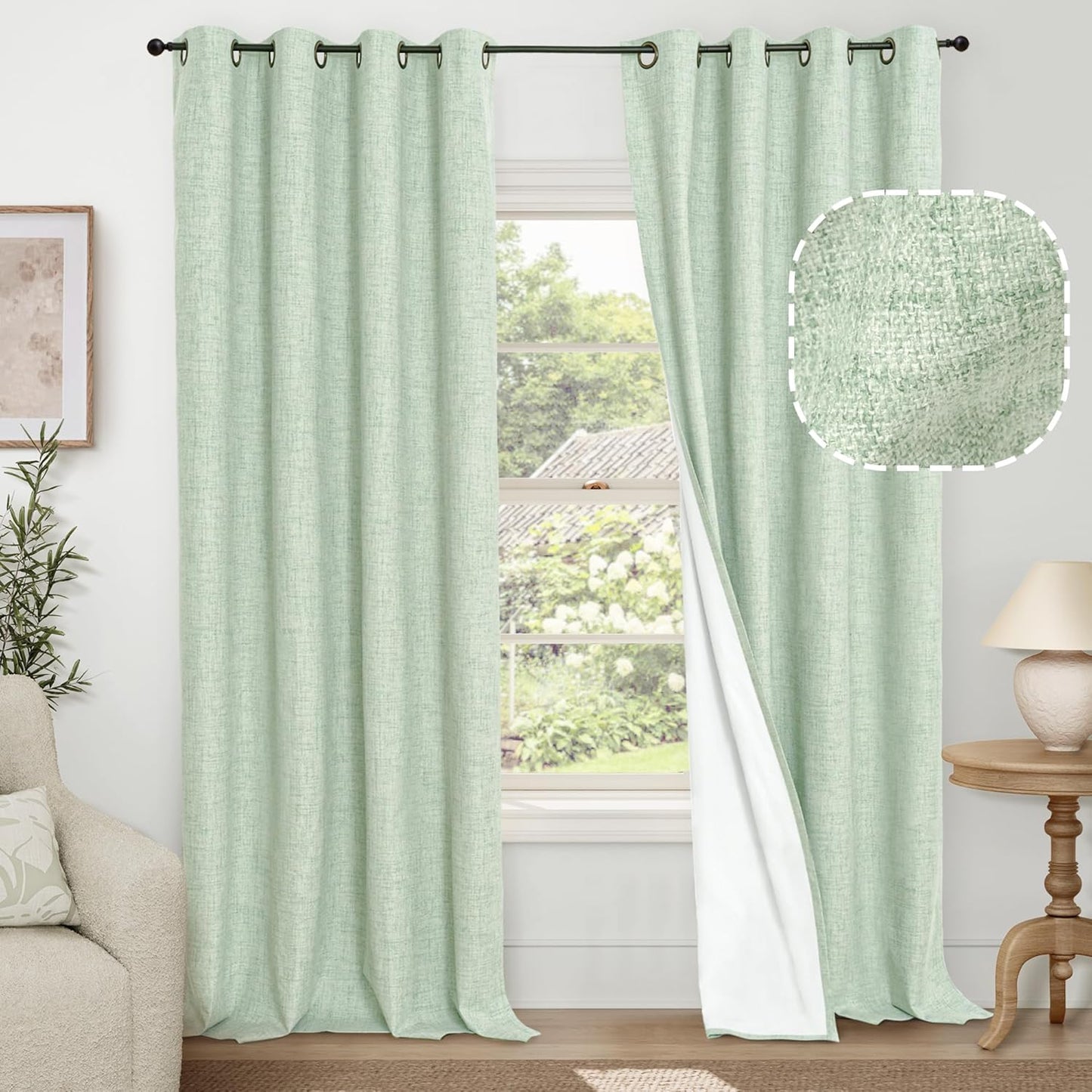 60 Inch Wide Linen Blackout Curtains for Living Room/Bedroom 84 Inch Length 2 Panels, Total Black Out Thermal Insulated Soundproof Grommet Boho Window Drapes White Liner for Modern Farmhouse, Natural