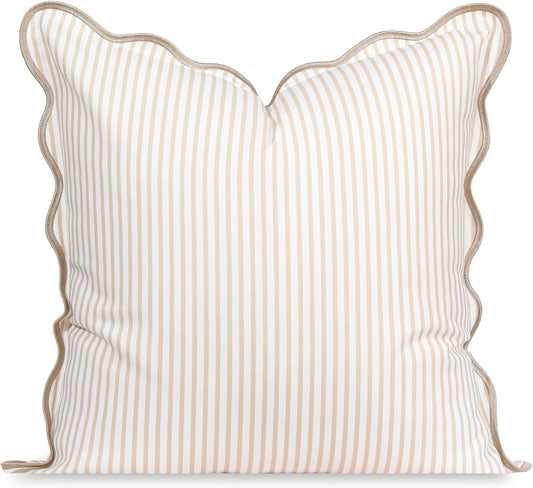 Hofdeco Premium Coastal Patio Indoor Outdoor Scalloped Throw Pillow Cover Only, 20"x20" Water Repellent for Backyard, Couch, Neutral Tan Print Stripes