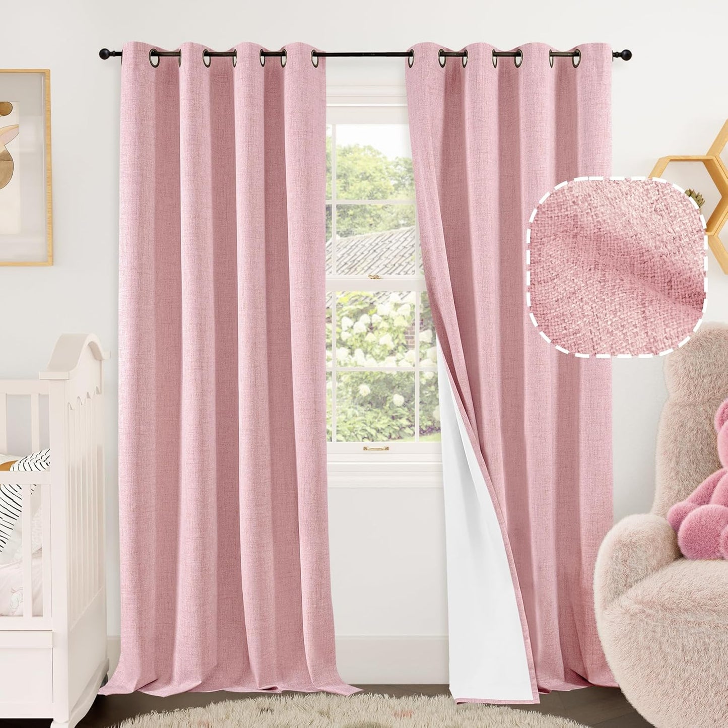 60 Inch Wide Linen Blackout Curtains for Living Room/Bedroom 84 Inch Length 2 Panels, Total Black Out Thermal Insulated Soundproof Grommet Boho Window Drapes White Liner for Modern Farmhouse, Natural