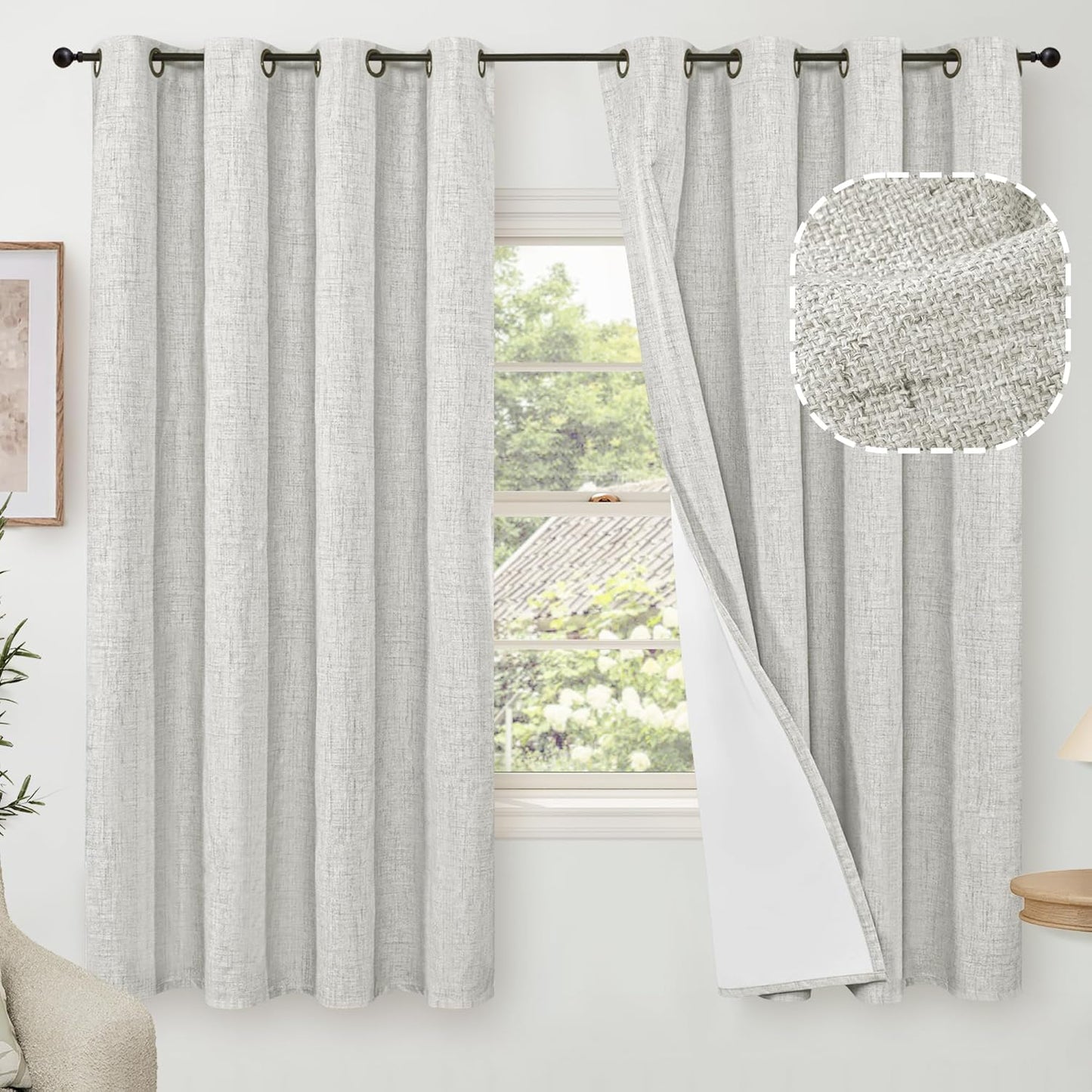 60 Inch Wide Linen Blackout Curtains for Living Room/Bedroom 84 Inch Length 2 Panels, Total Black Out Thermal Insulated Soundproof Grommet Boho Window Drapes White Liner for Modern Farmhouse, Natural
