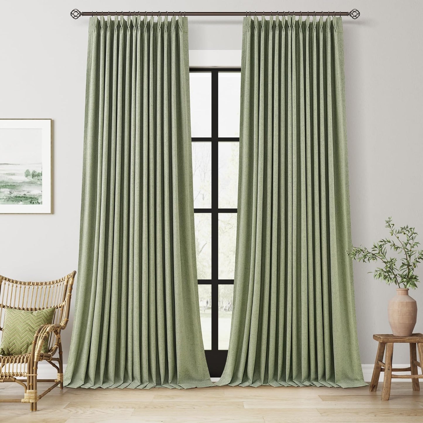 100% Blackout Pinch Pleated Curtains Linen 90 Inches Long for Bedroom 2 Panels Set Full Black Out Thermal Insulated Curtain Natural Boho Farmhouse Pinch Pleat Double Layer Room Darkening Drapes Cream