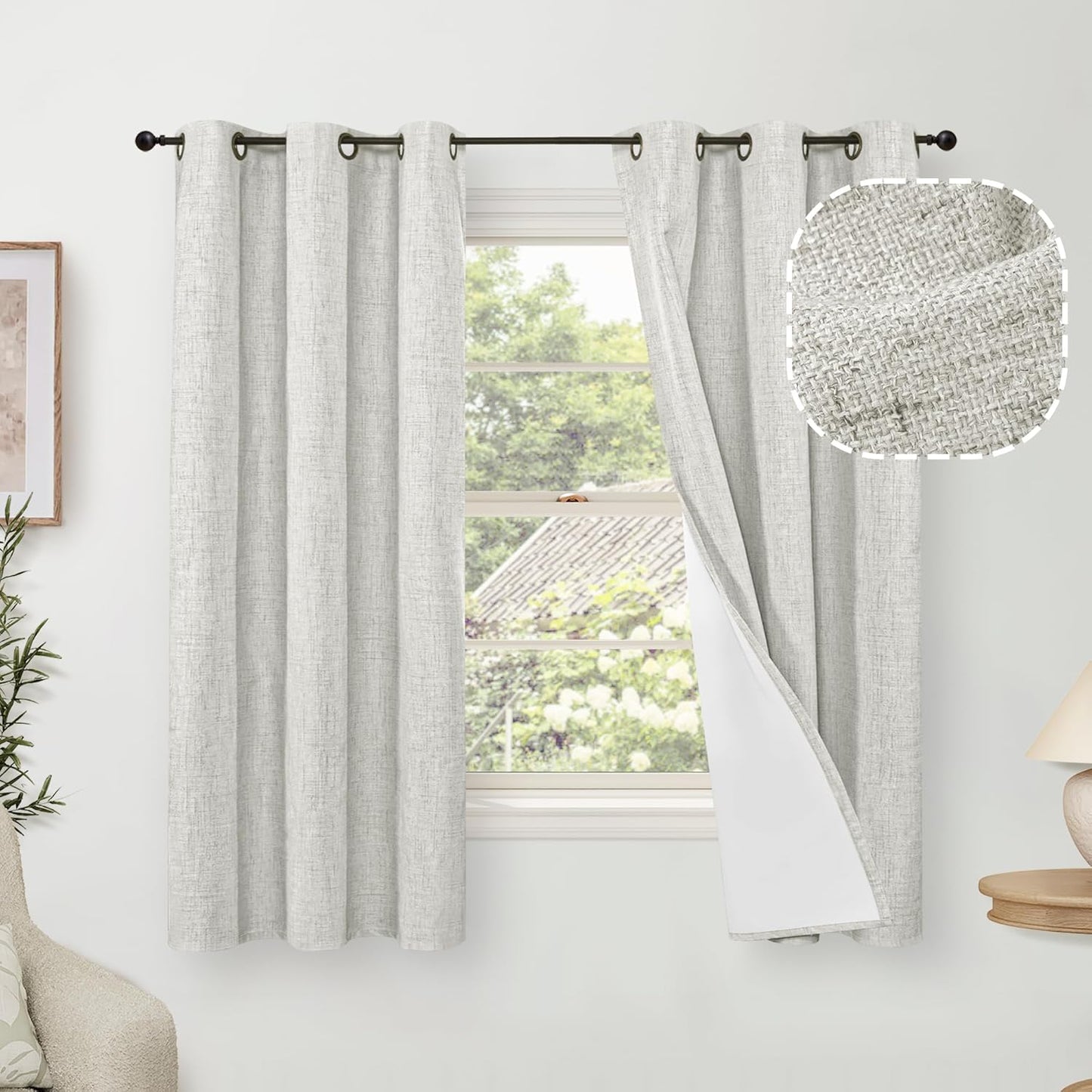 60 Inch Wide Linen Blackout Curtains for Living Room/Bedroom 84 Inch Length 2 Panels, Total Black Out Thermal Insulated Soundproof Grommet Boho Window Drapes White Liner for Modern Farmhouse, Natural