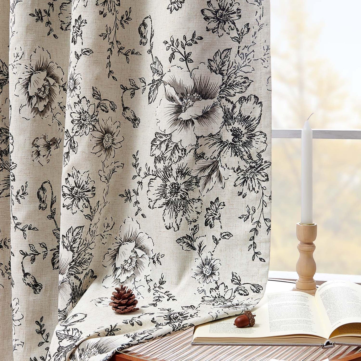 jinchan Blackout Linen Blend Curtain Floral Blackout Curtains for Living Room 84 Inch Length Black Printed with Lined Blackout Curtain for Bedroom Farmhouse Curtains Set 2 Panels