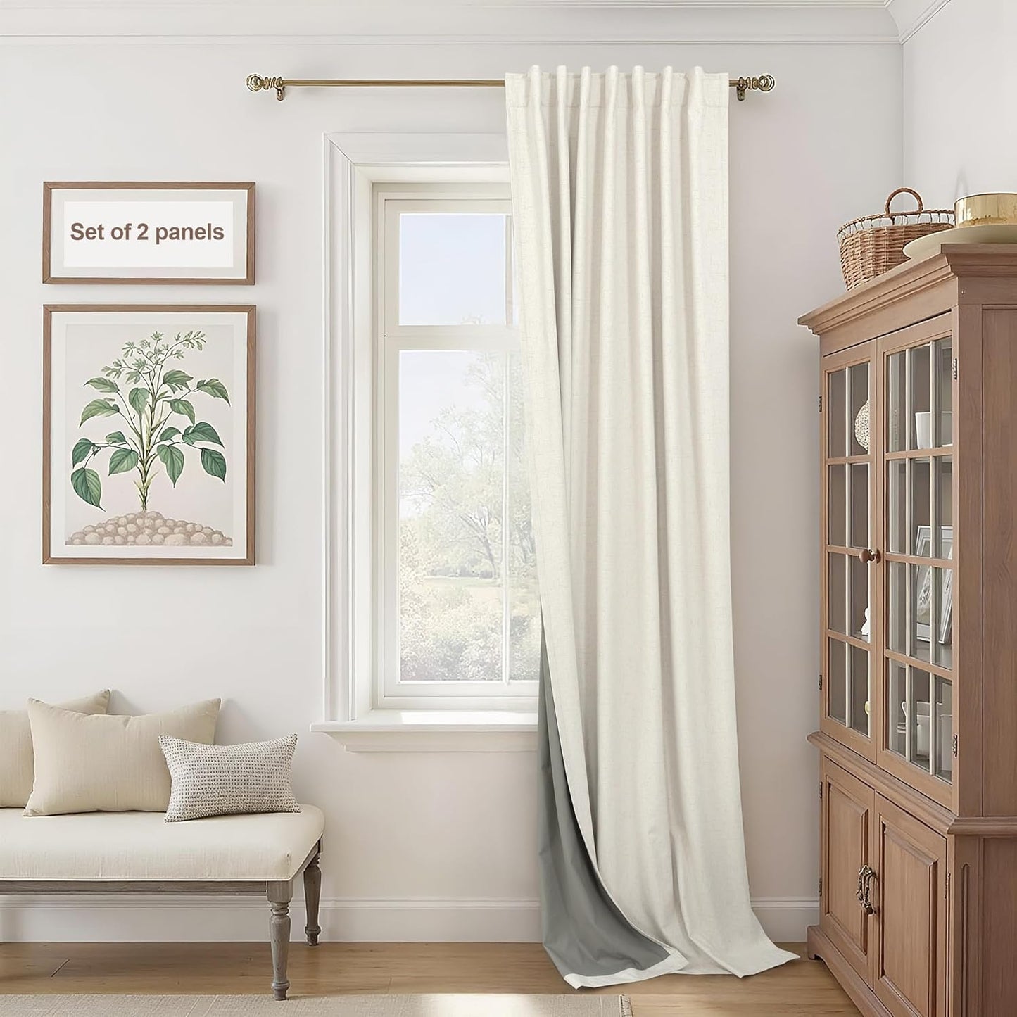 Cream Linen Black Out Curtains 70 Inches Extra Wide for Living Room 2 Panels Back Tab Pocket Pleated Ivory Blackout Bedroom for 72 Inches Window Curtain 84 Inch Long Thermal Room Darkening Heavy Drape