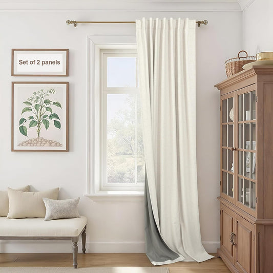 Cream Linen Black Out Curtains 70 Inches Extra Wide for Living Room 2 Panels Back Tab Pocket Pleated Ivory Blackout Bedroom for 72 Inches Window Curtain 84 Inch Long Thermal Room Darkening Heavy Drape