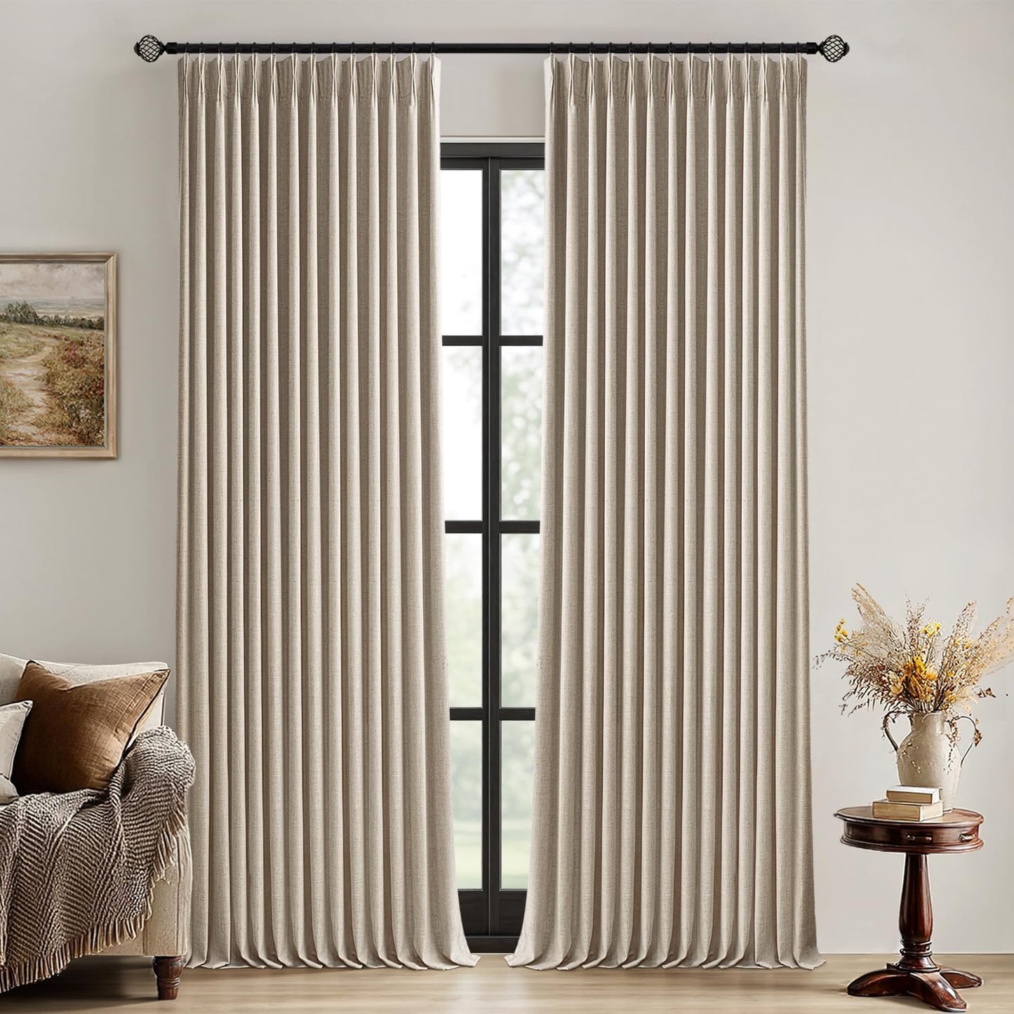 MIULEE Natural Pinch Pleated 100% Blackout Linen Curtains for Bedroom, Room Darkening Light Blocking Window Curtains 84 inches Long for Living Room, Black Out Pleat Drapes with Pin Hooks, 2 Panels