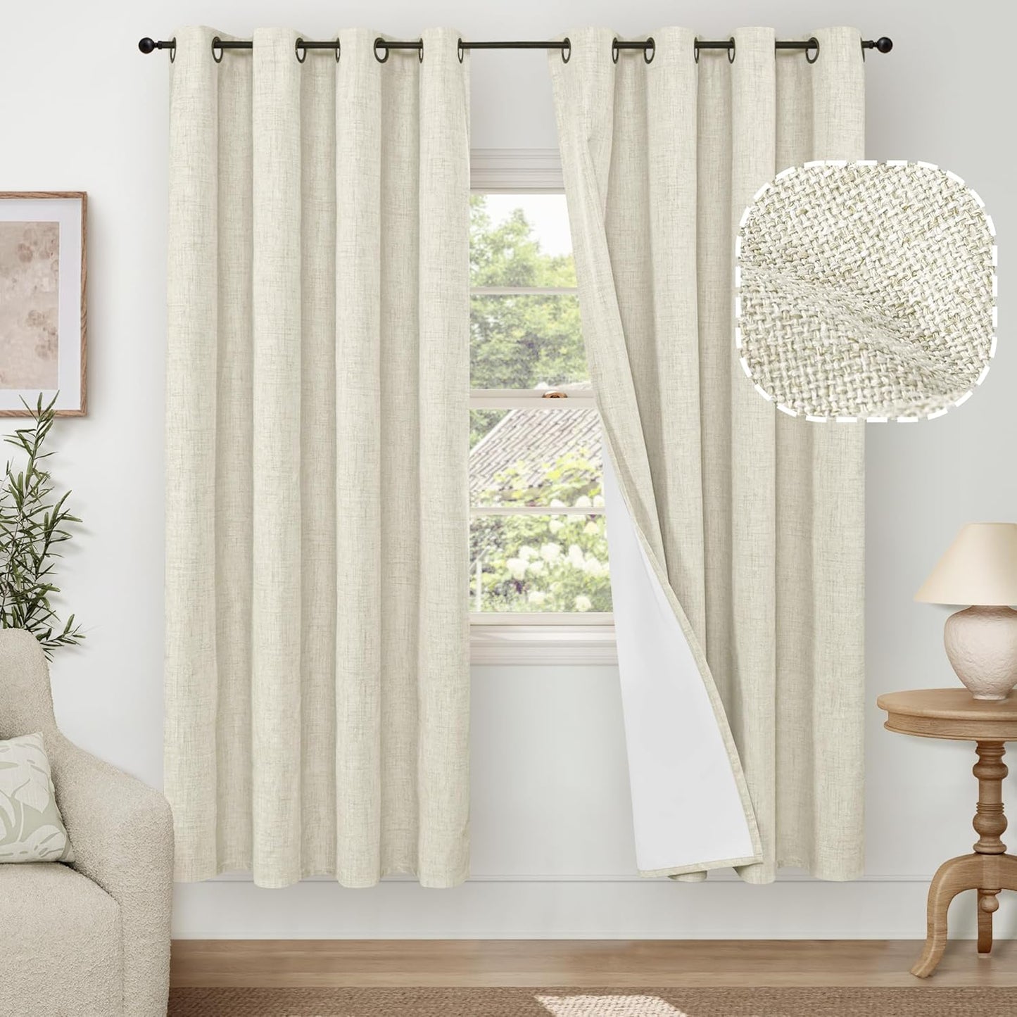 60 Inch Wide Linen Blackout Curtains for Living Room/Bedroom 84 Inch Length 2 Panels, Total Black Out Thermal Insulated Soundproof Grommet Boho Window Drapes White Liner for Modern Farmhouse, Natural
