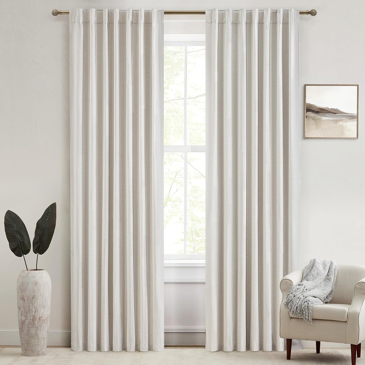 Natural Linen Blackout 92 Inch Bedroom Curtains 2 Panel Sets, Rustic Boho Cream Pleated Ceiling Track Curtain for Dining Room Heat Blocking Privacy Heavy Drape 92 Inches Long Oatmeal Back Tab