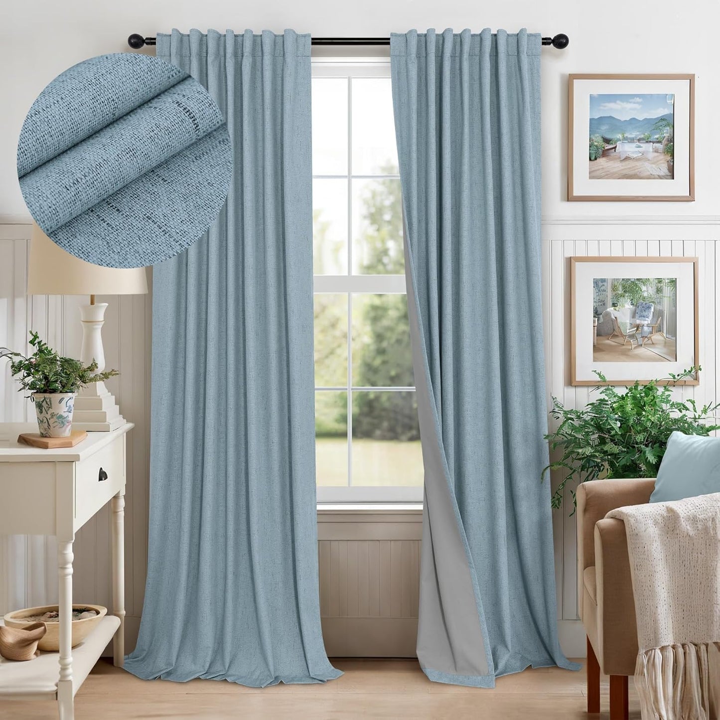 Cream Linen Black Out Curtains 70 Inches Extra Wide for Living Room 2 Panels Back Tab Pocket Pleated Ivory Blackout Bedroom for 72 Inches Window Curtain 84 Inch Long Thermal Room Darkening Heavy Drape