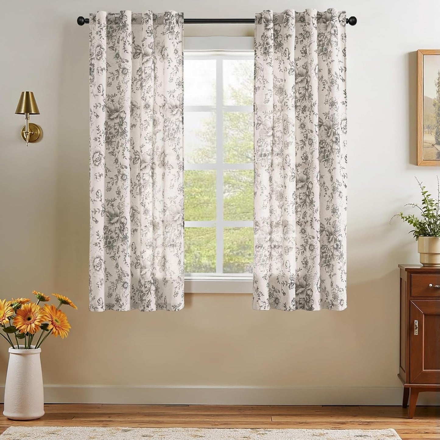 jinchan Blackout Linen Blend Curtain Floral Blackout Curtains for Living Room 84 Inch Length Black Printed with Lined Blackout Curtain for Bedroom Farmhouse Curtains Set 2 Panels
