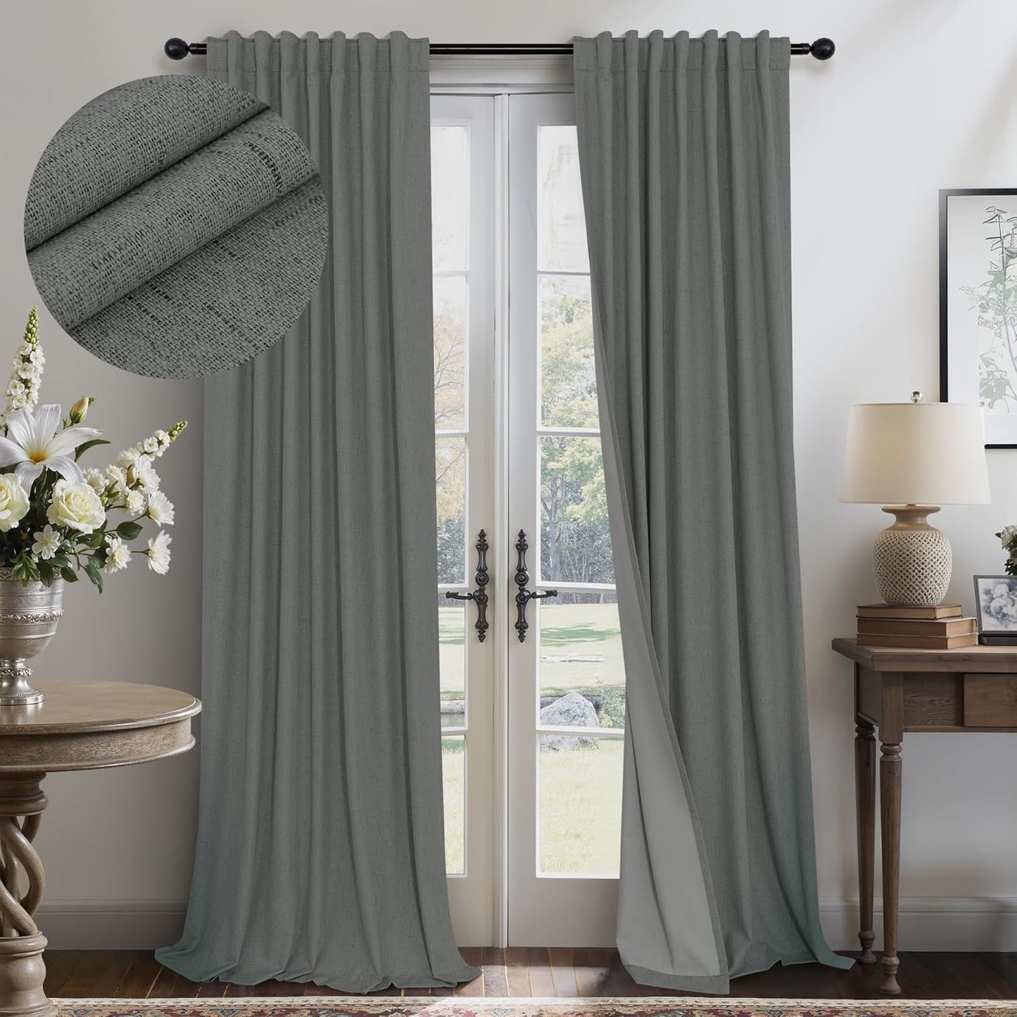 Cream Linen Black Out Curtains 70 Inches Extra Wide for Living Room 2 Panels Back Tab Pocket Pleated Ivory Blackout Bedroom for 72 Inches Window Curtain 84 Inch Long Thermal Room Darkening Heavy Drape
