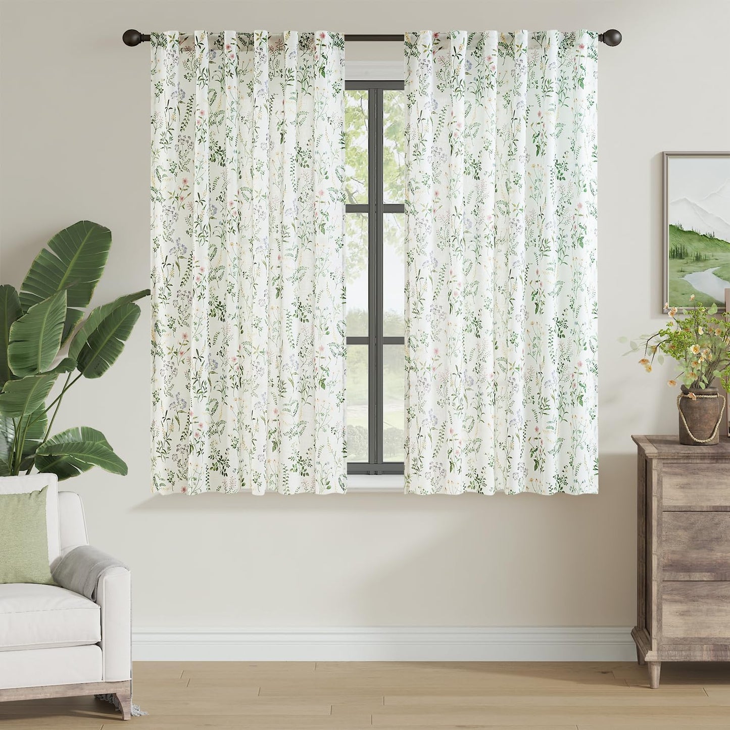 jinchan Blackout Linen Blend Curtain Floral Blackout Curtains for Living Room 84 Inch Length Black Printed with Lined Blackout Curtain for Bedroom Farmhouse Curtains Set 2 Panels
