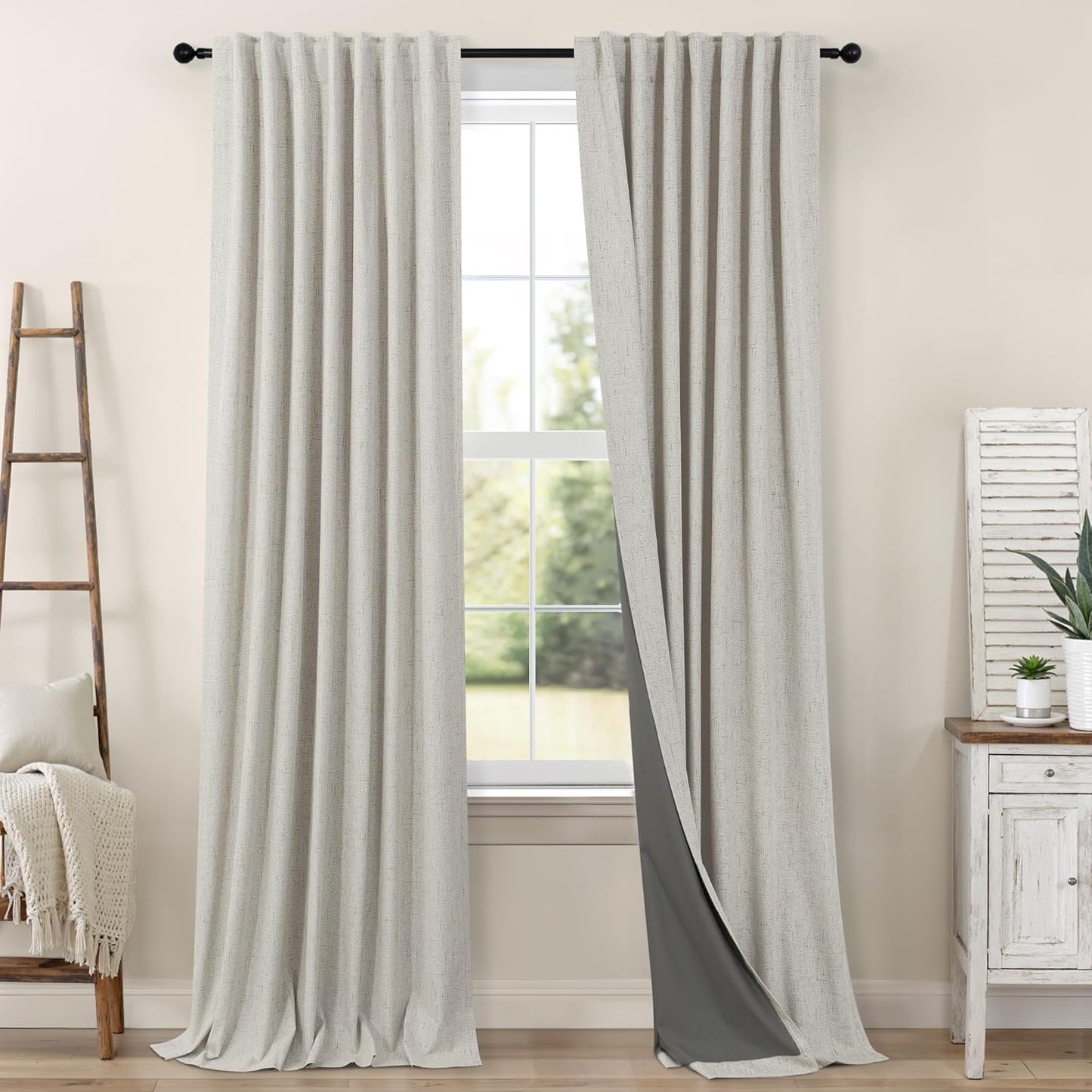 Cream Linen Black Out Curtains 70 Inches Extra Wide for Living Room 2 Panels Back Tab Pocket Pleated Ivory Blackout Bedroom for 72 Inches Window Curtain 84 Inch Long Thermal Room Darkening Heavy Drape