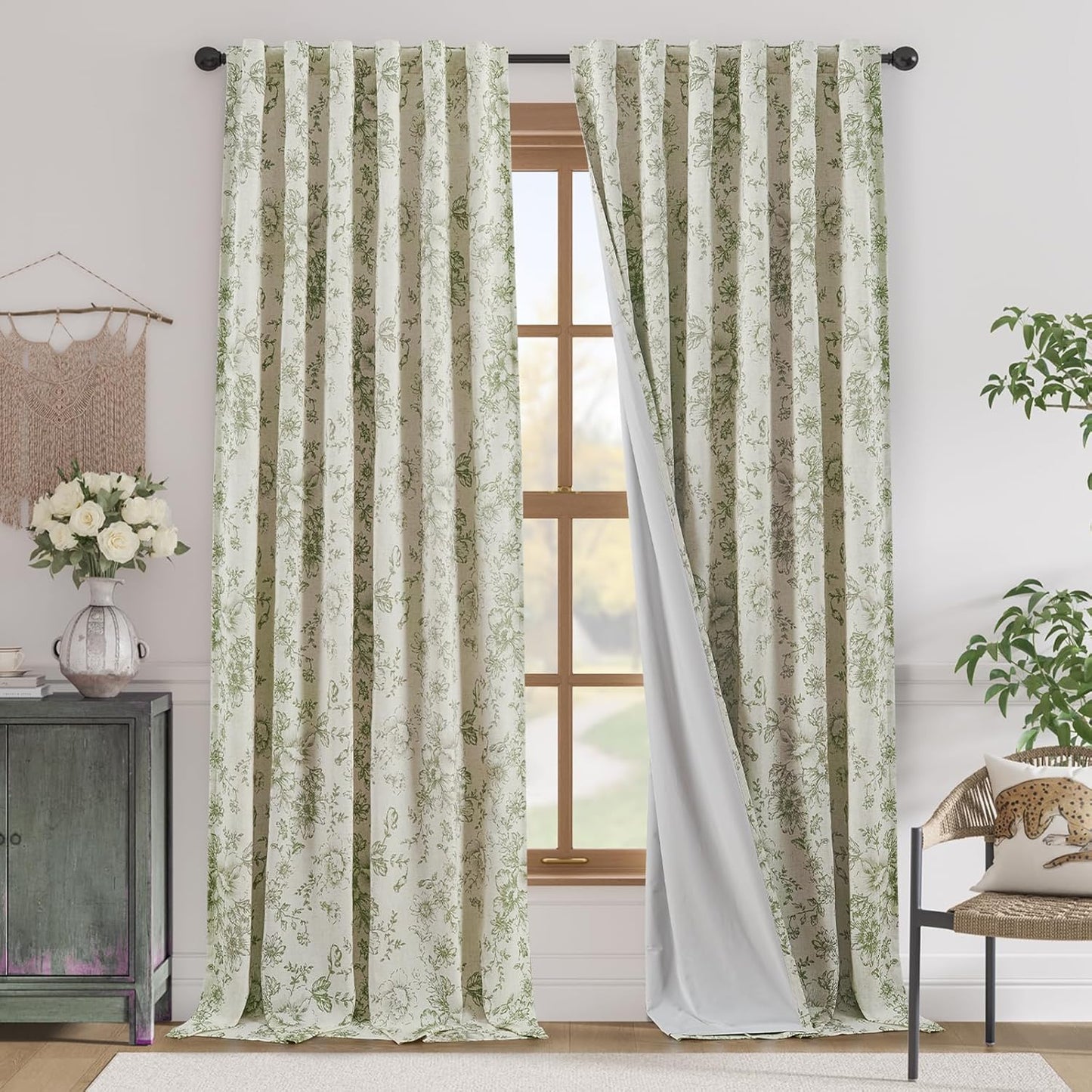 jinchan Blackout Linen Blend Curtain Floral Blackout Curtains for Living Room 84 Inch Length Black Printed with Lined Blackout Curtain for Bedroom Farmhouse Curtains Set 2 Panels