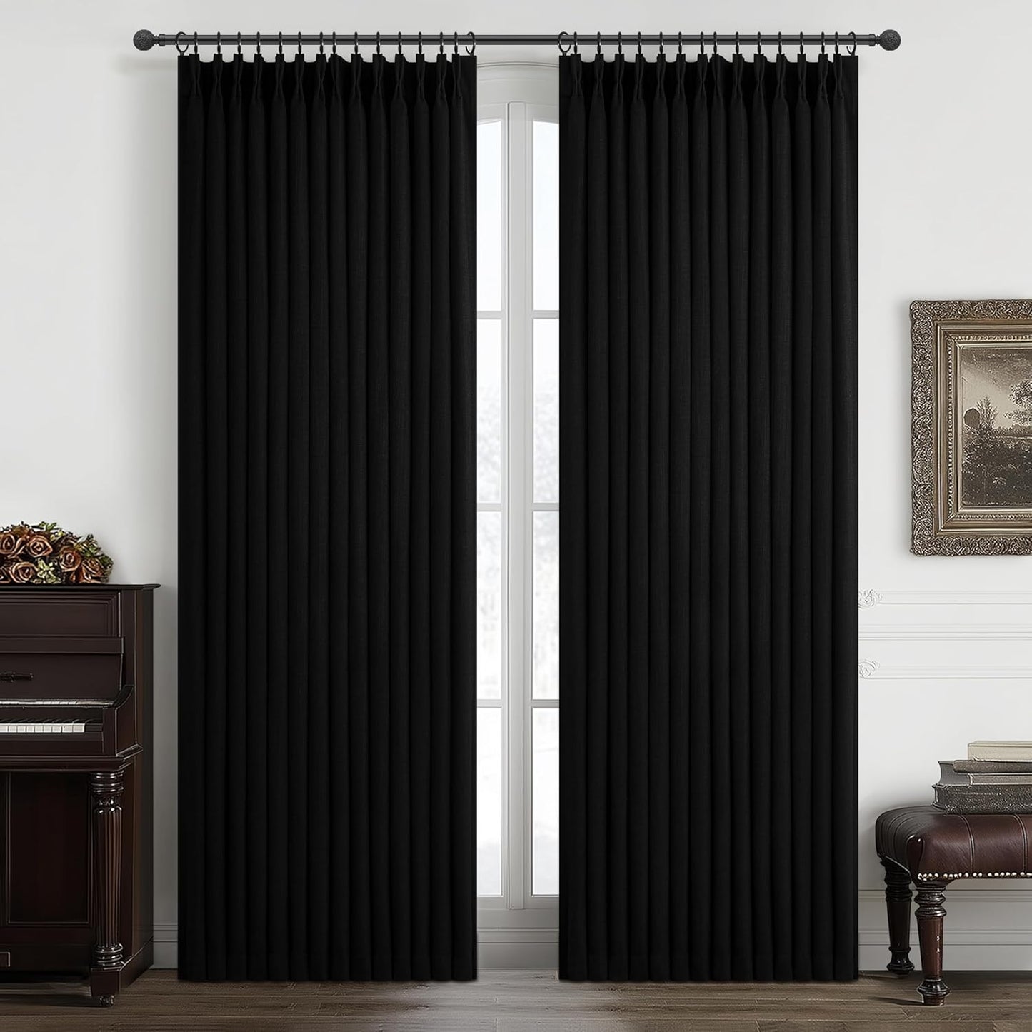 100% Blackout Linen 96 Inch Curtains 2 Panel Set for Bedroom, Modern Pinch Pleated Natural Linen Off Beige White Insulated Heavy Curtain 40 x 96 Inches Length Sliding Glass Door Room Darkening Drapes