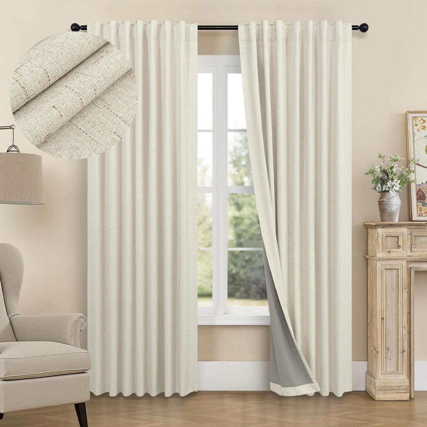 Cream Linen Black Out Curtains 70 Inches Extra Wide for Living Room 2 Panels Back Tab Pocket Pleated Ivory Blackout Bedroom for 72 Inches Window Curtain 84 Inch Long Thermal Room Darkening Heavy Drape