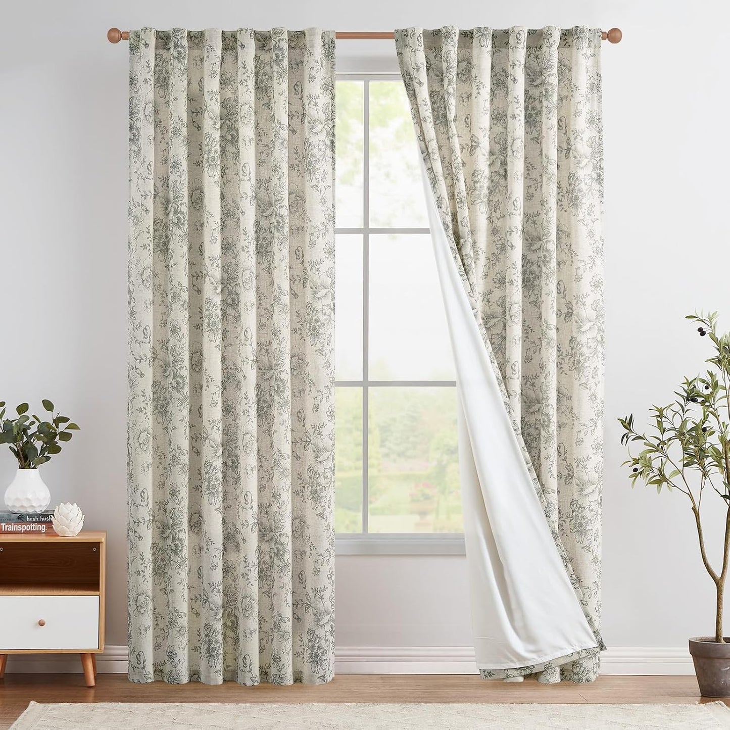 jinchan Blackout Linen Blend Curtain Floral Blackout Curtains for Living Room 84 Inch Length Black Printed with Lined Blackout Curtain for Bedroom Farmhouse Curtains Set 2 Panels