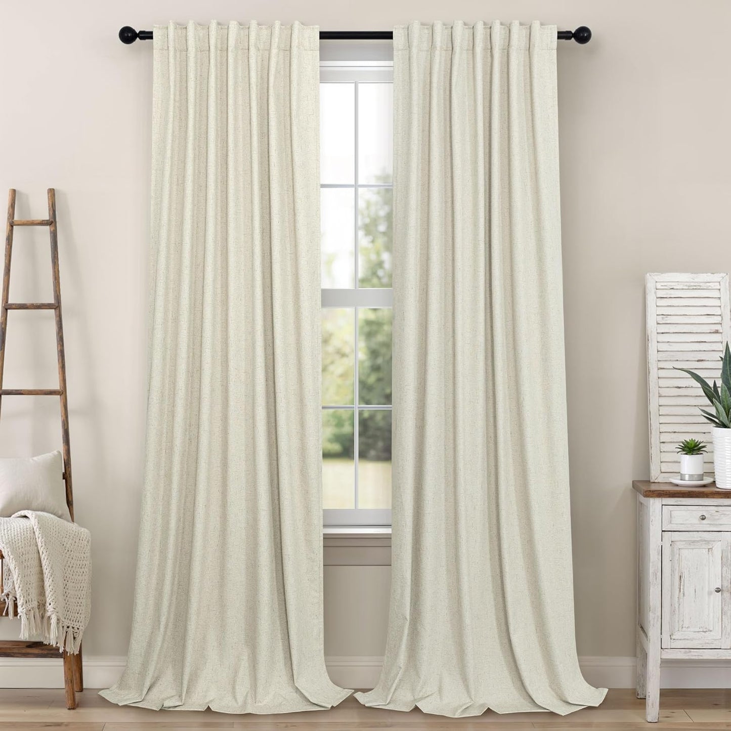 Cream Linen Black Out Curtains 70 Inches Extra Wide for Living Room 2 Panels Back Tab Pocket Pleated Ivory Blackout Bedroom for 72 Inches Window Curtain 84 Inch Long Thermal Room Darkening Heavy Drape