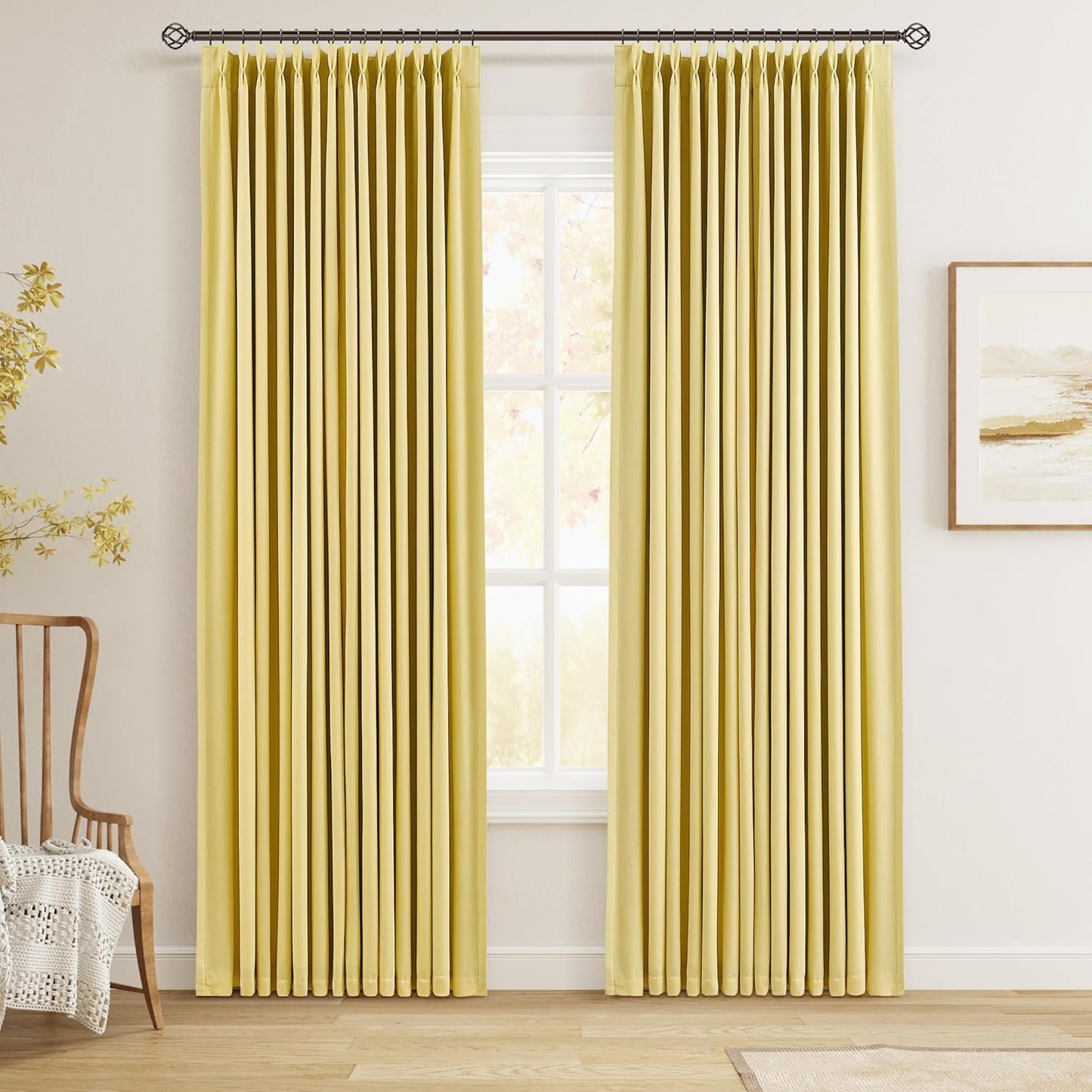 100% Blackout Pinch Pleated Curtains Linen 90 Inches Long for Bedroom 2 Panels Set Full Black Out Thermal Insulated Curtain Natural Boho Farmhouse Pinch Pleat Double Layer Room Darkening Drapes Cream