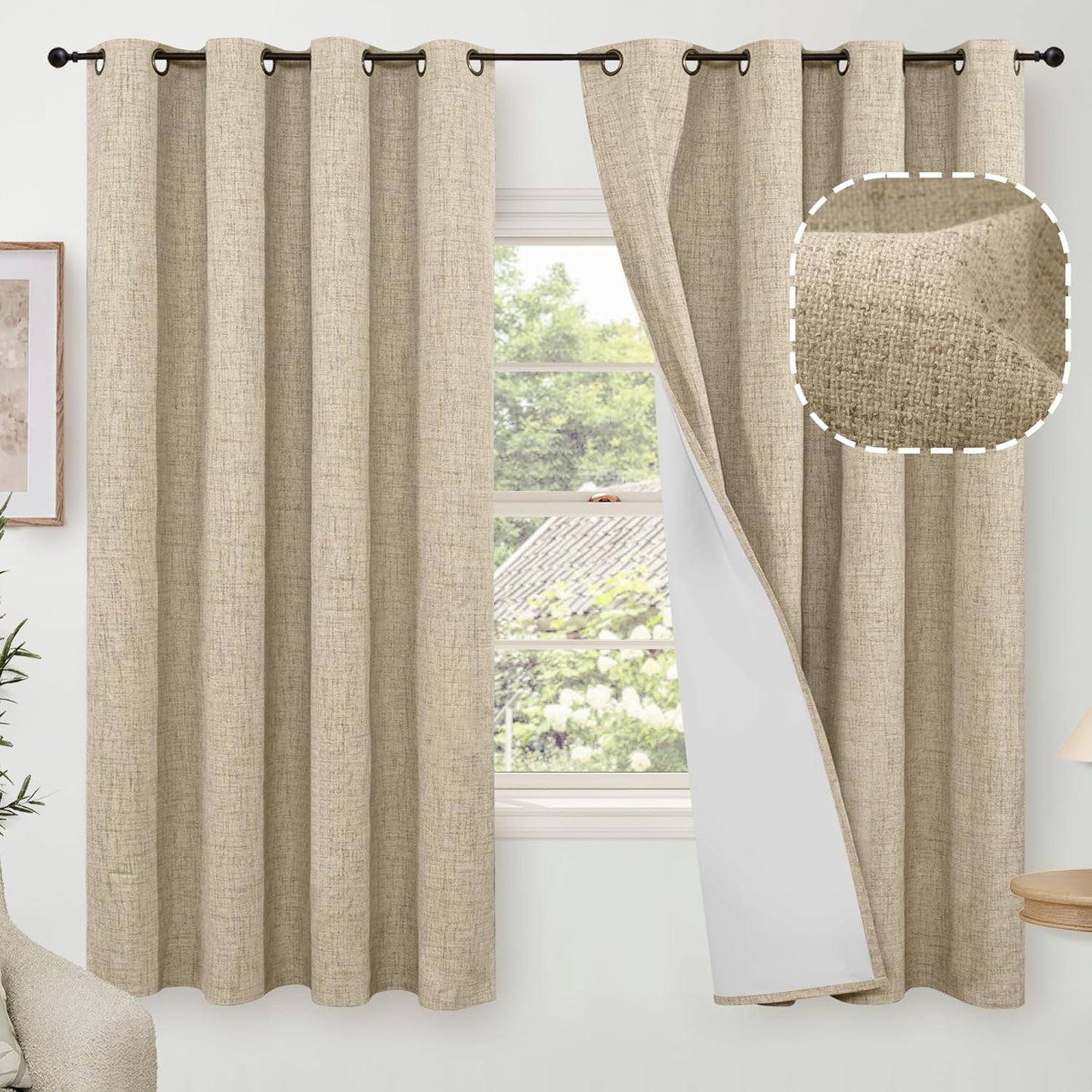 60 Inch Wide Linen Blackout Curtains for Living Room/Bedroom 84 Inch Length 2 Panels, Total Black Out Thermal Insulated Soundproof Grommet Boho Window Drapes White Liner for Modern Farmhouse, Natural