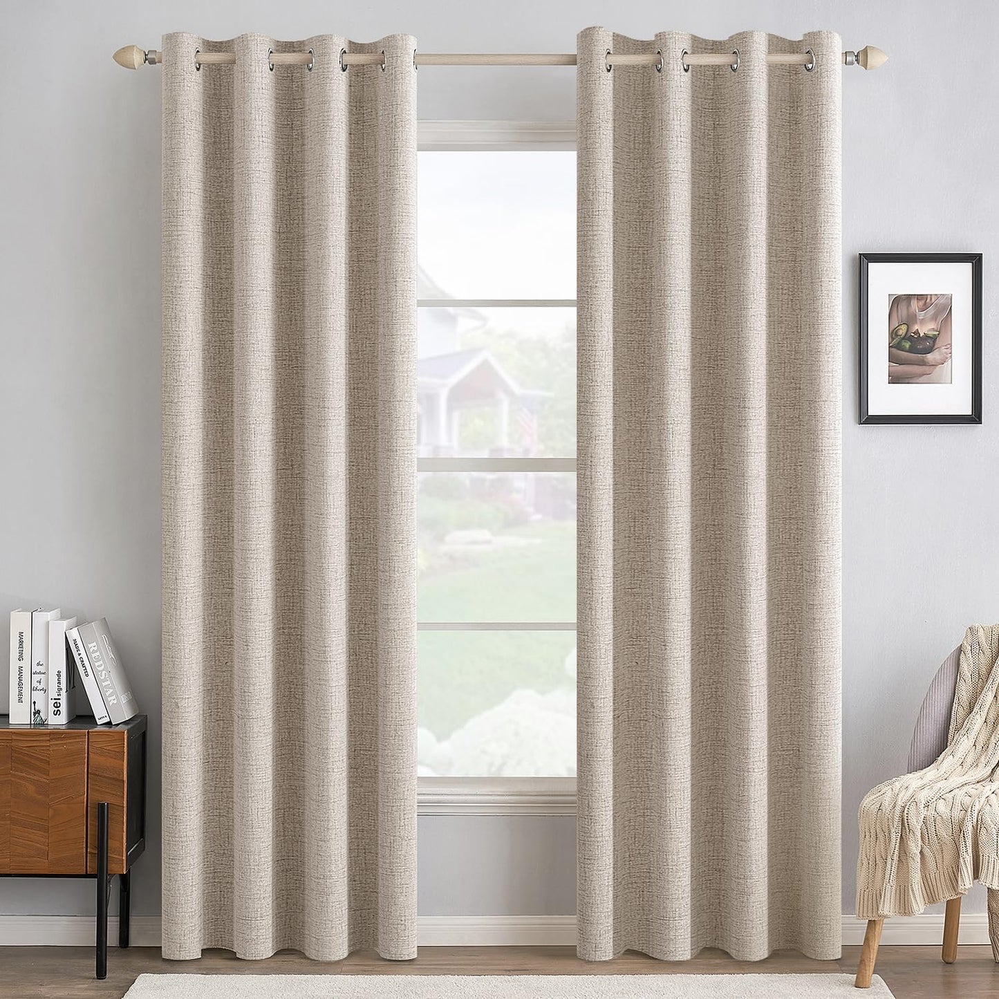 MIULEE 100% Blackout Linen Textured Curtains for Bedroom Solid Thermal Insulated Natural Beige Grommet Room Darkening Curtains & Drapes Luxury Decor for Living Room Nursery 62 x 96 Inch (2 Panels)