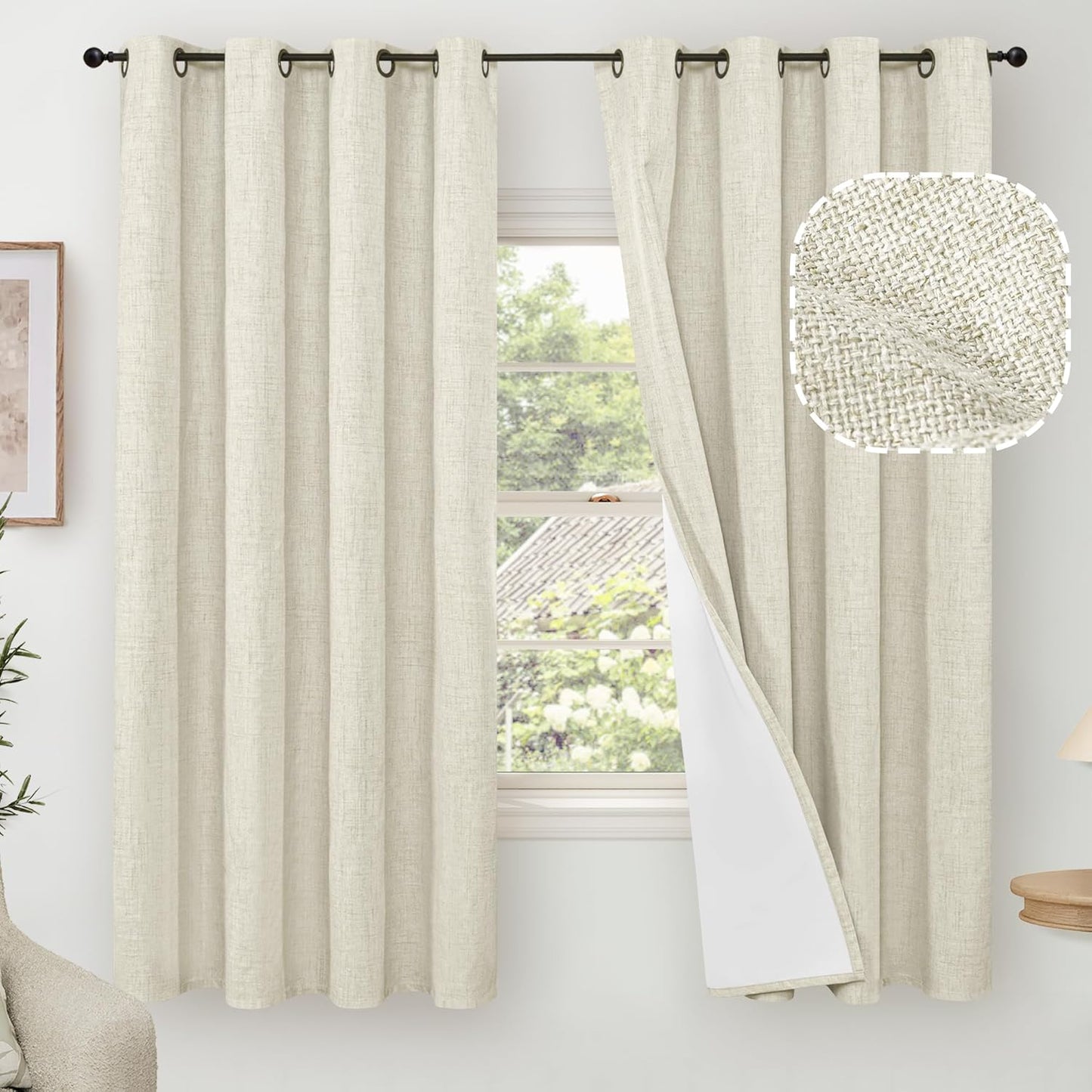 60 Inch Wide Linen Blackout Curtains for Living Room/Bedroom 84 Inch Length 2 Panels, Total Black Out Thermal Insulated Soundproof Grommet Boho Window Drapes White Liner for Modern Farmhouse, Natural