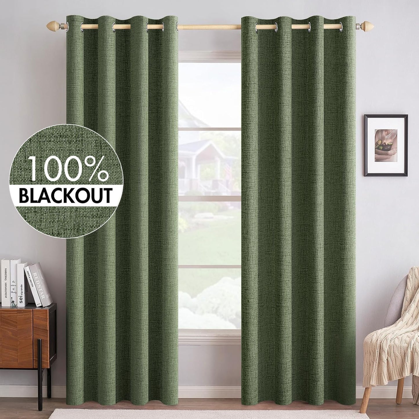 MIULEE 100% Blackout Linen Textured Curtains for Bedroom Solid Thermal Insulated Natural Beige Grommet Room Darkening Curtains & Drapes Luxury Decor for Living Room Nursery 62 x 96 Inch (2 Panels)