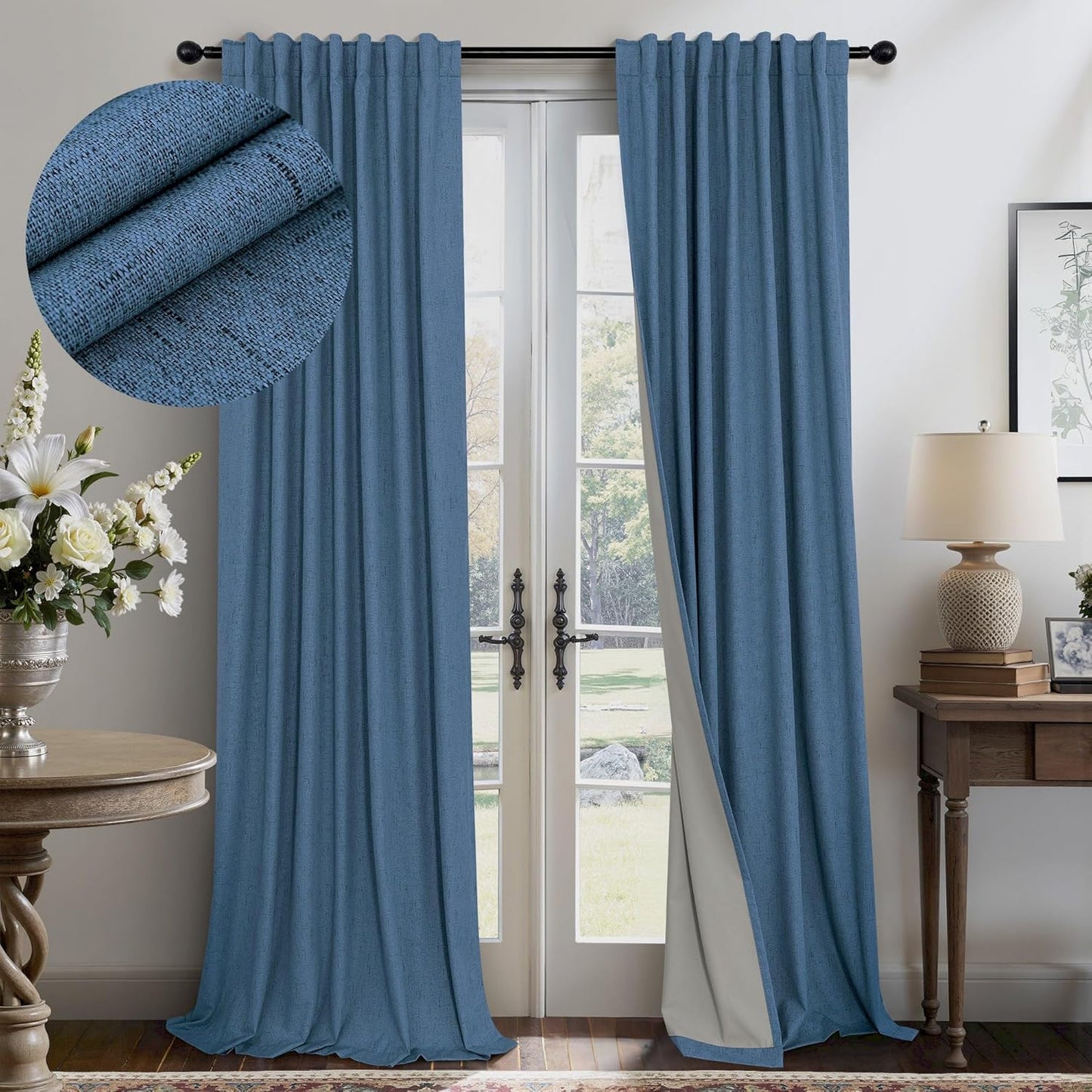 Cream Linen Black Out Curtains 70 Inches Extra Wide for Living Room 2 Panels Back Tab Pocket Pleated Ivory Blackout Bedroom for 72 Inches Window Curtain 84 Inch Long Thermal Room Darkening Heavy Drape