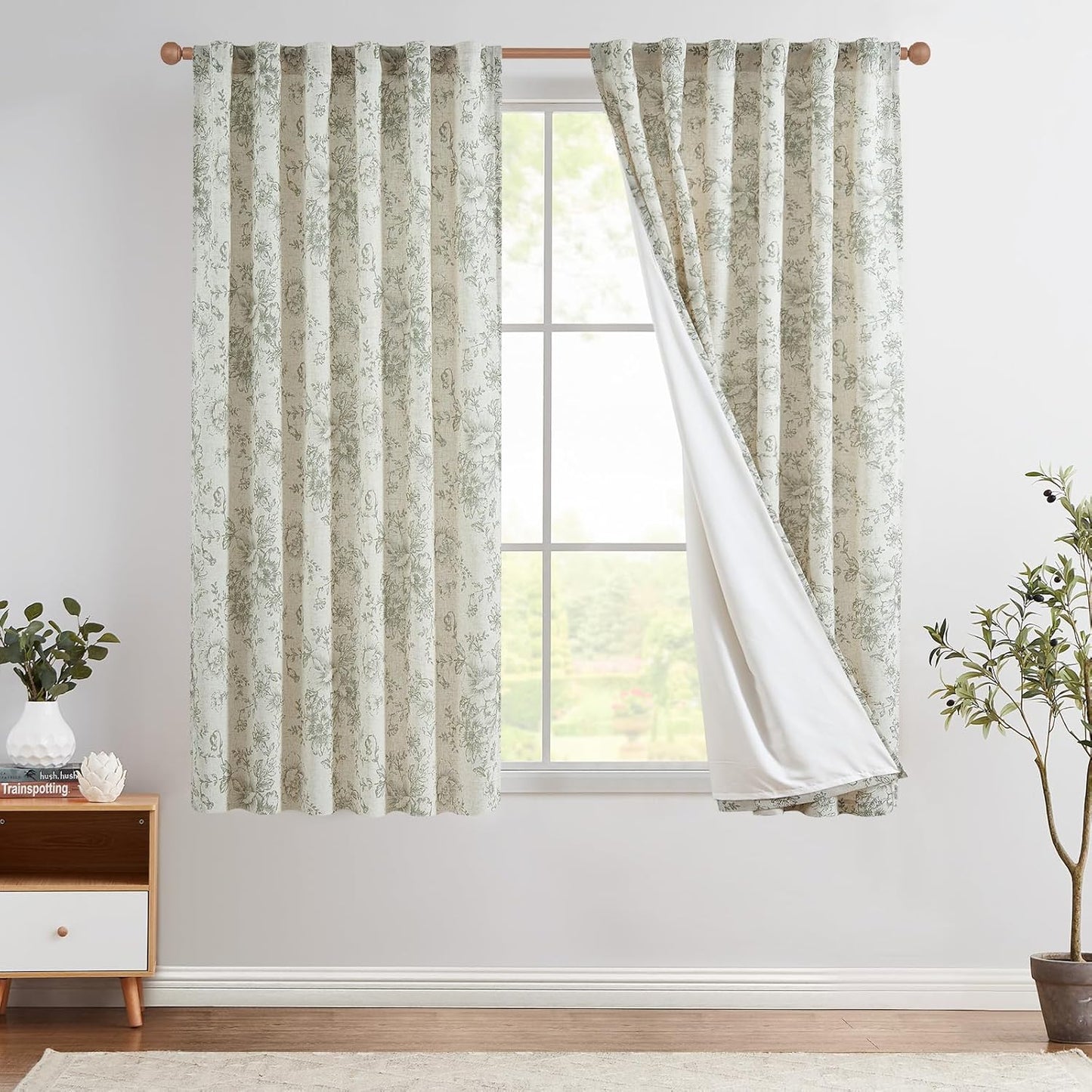 jinchan Blackout Linen Blend Curtain Floral Blackout Curtains for Living Room 84 Inch Length Black Printed with Lined Blackout Curtain for Bedroom Farmhouse Curtains Set 2 Panels