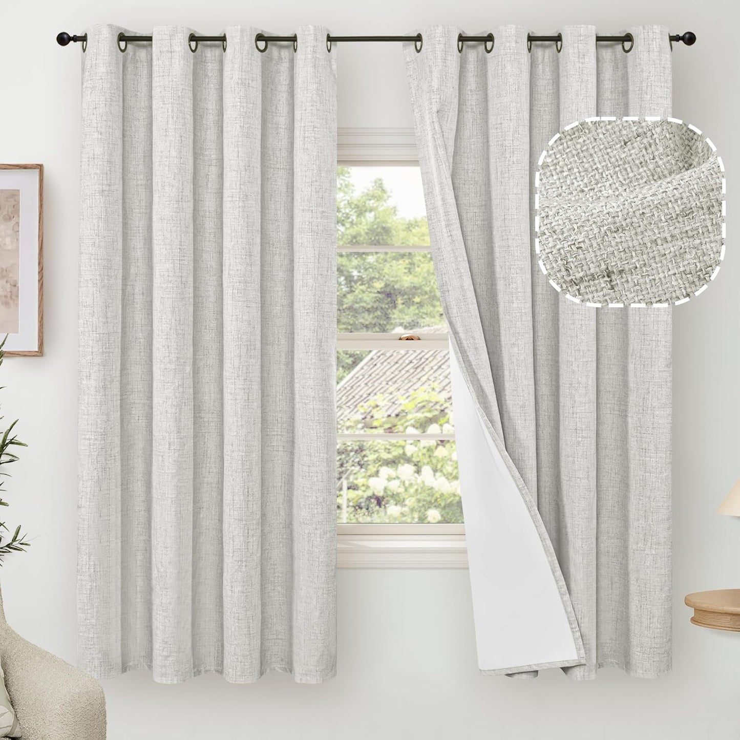 60 Inch Wide Linen Blackout Curtains for Living Room/Bedroom 84 Inch Length 2 Panels, Total Black Out Thermal Insulated Soundproof Grommet Boho Window Drapes White Liner for Modern Farmhouse, Natural