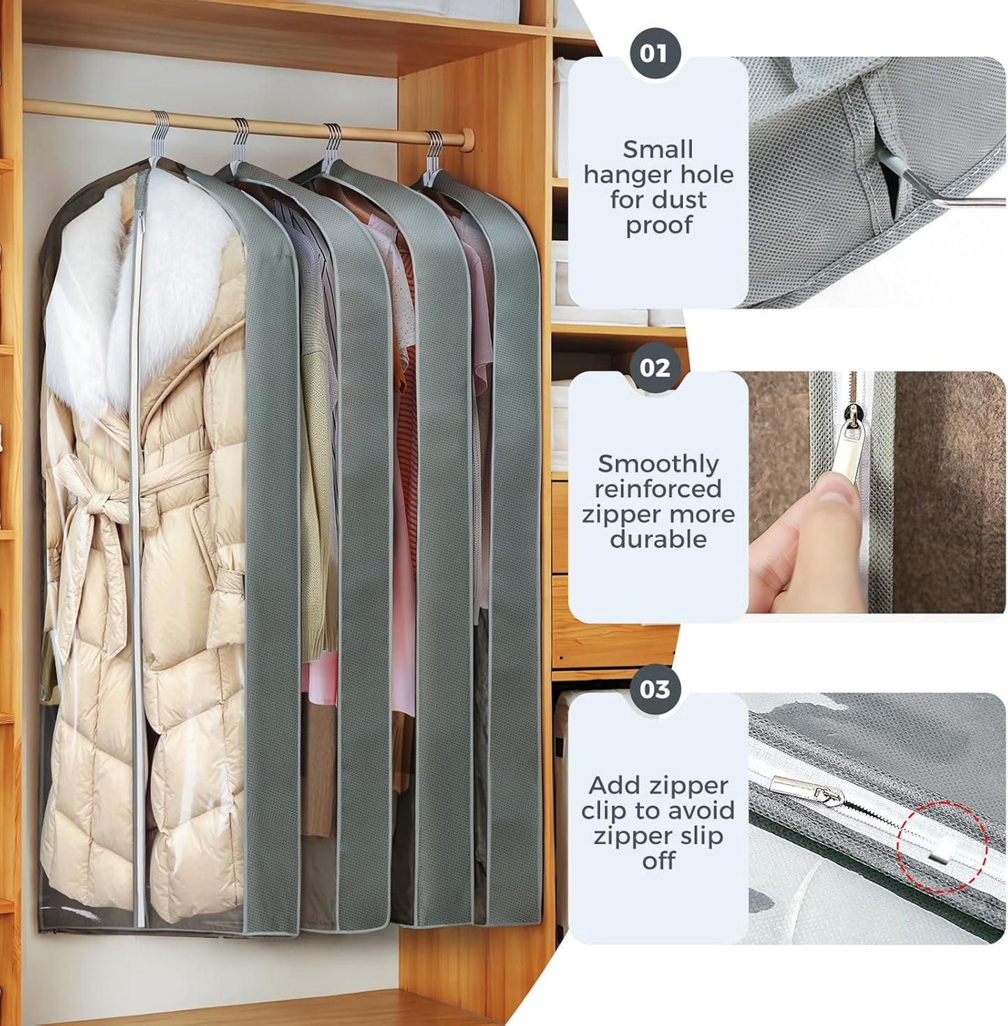6 Pcs 60" Garment Bags for Hanging Clothes, Clear Suit Bags for Closet Storage Clothing Storage, Garment Bags Shoulder Covers with 4" Gussets for Coats, Jackets, Shirts and Sweater