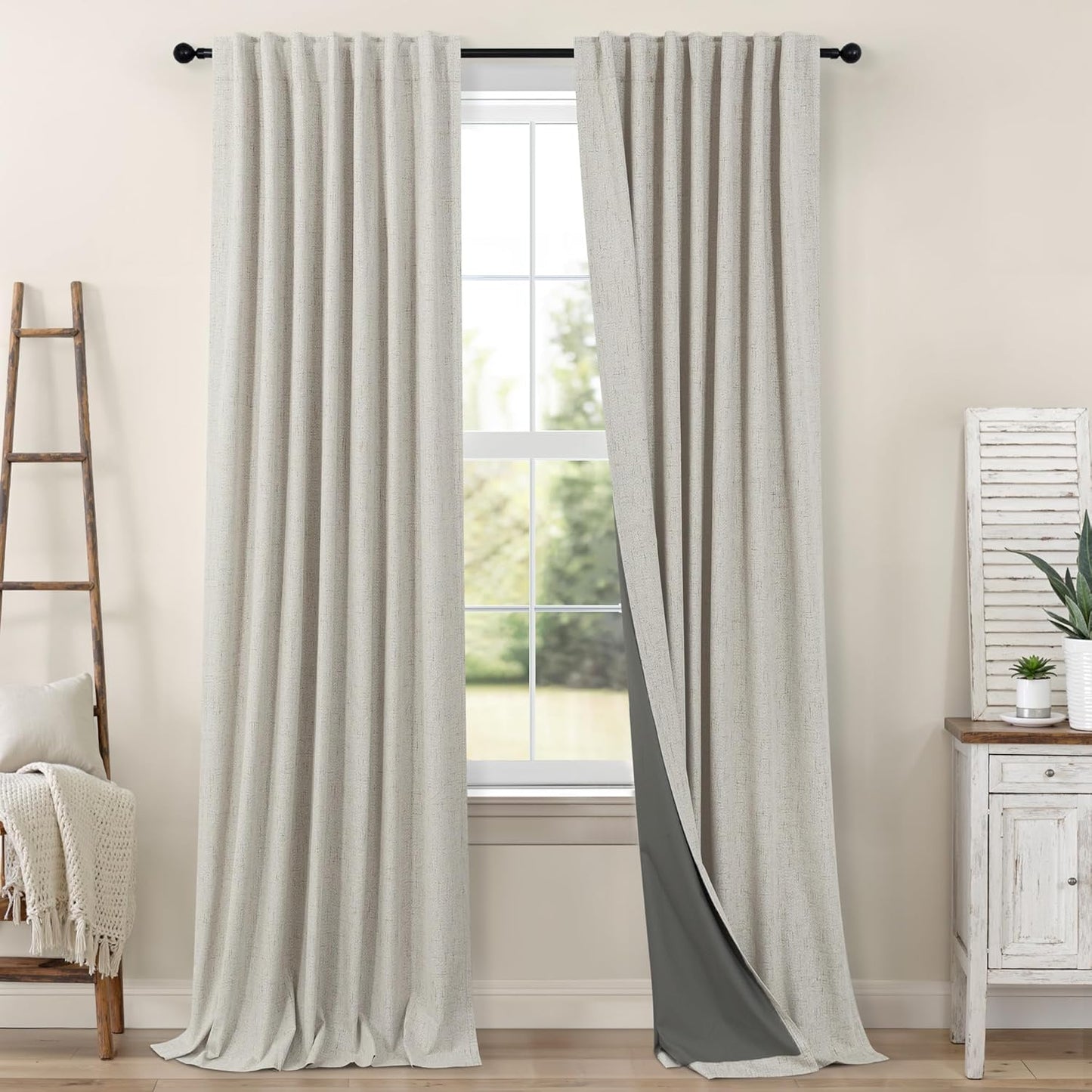 Cream Linen Black Out Curtains 70 Inches Extra Wide for Living Room 2 Panels Back Tab Pocket Pleated Ivory Blackout Bedroom for 72 Inches Window Curtain 84 Inch Long Thermal Room Darkening Heavy Drape