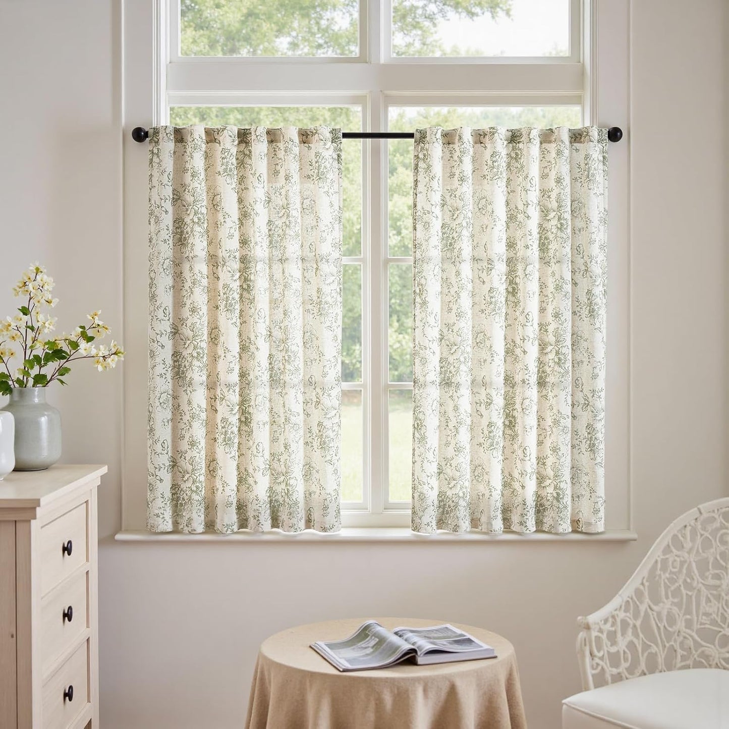 jinchan Blackout Linen Blend Curtain Floral Blackout Curtains for Living Room 84 Inch Length Black Printed with Lined Blackout Curtain for Bedroom Farmhouse Curtains Set 2 Panels