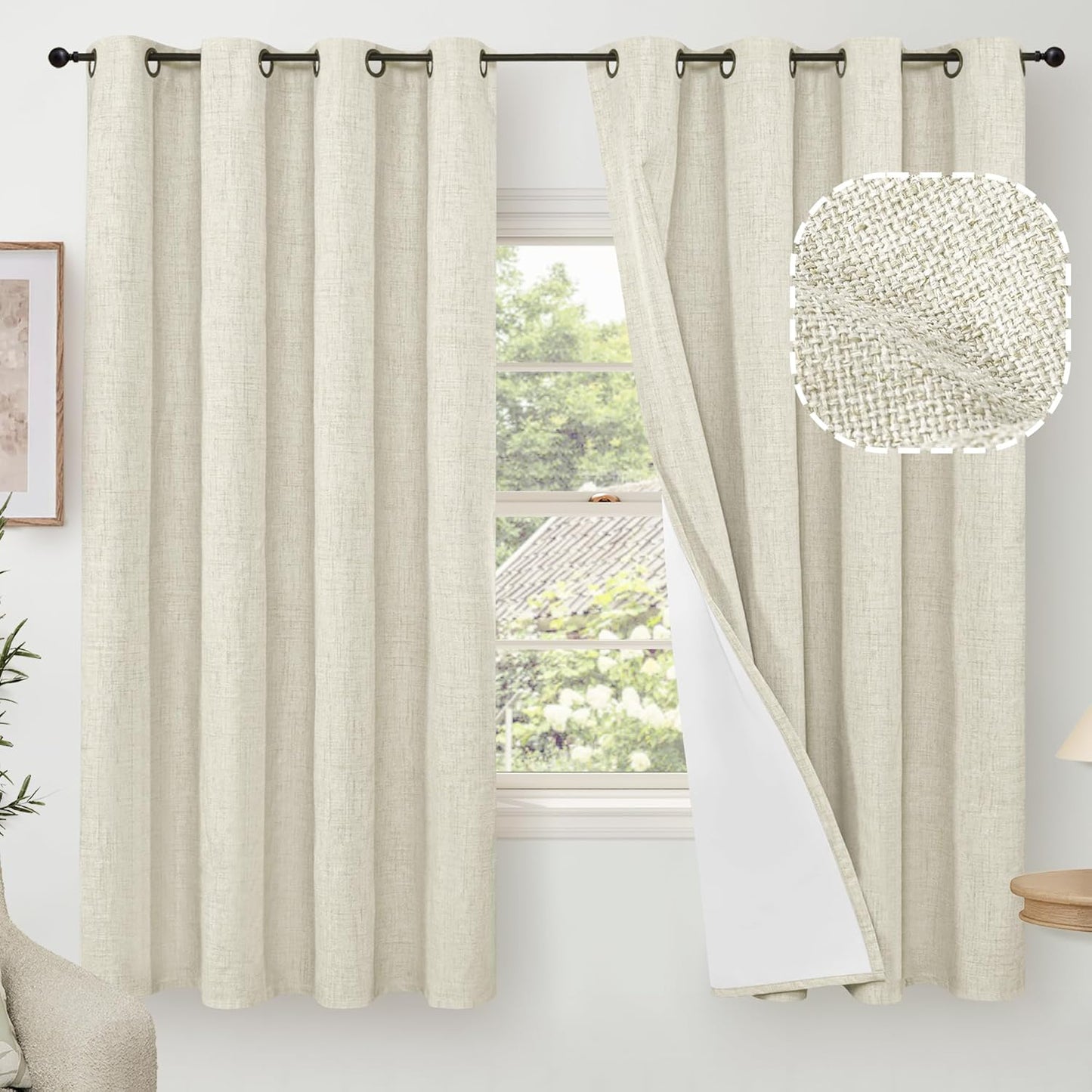 60 Inch Wide Linen Blackout Curtains for Living Room/Bedroom 84 Inch Length 2 Panels, Total Black Out Thermal Insulated Soundproof Grommet Boho Window Drapes White Liner for Modern Farmhouse, Natural