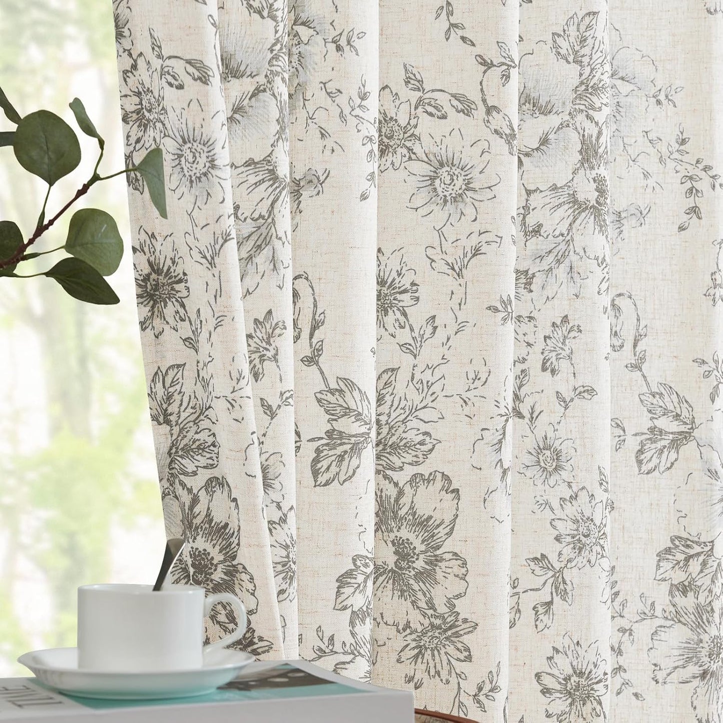 jinchan Blackout Linen Blend Curtain Floral Blackout Curtains for Living Room 84 Inch Length Black Printed with Lined Blackout Curtain for Bedroom Farmhouse Curtains Set 2 Panels