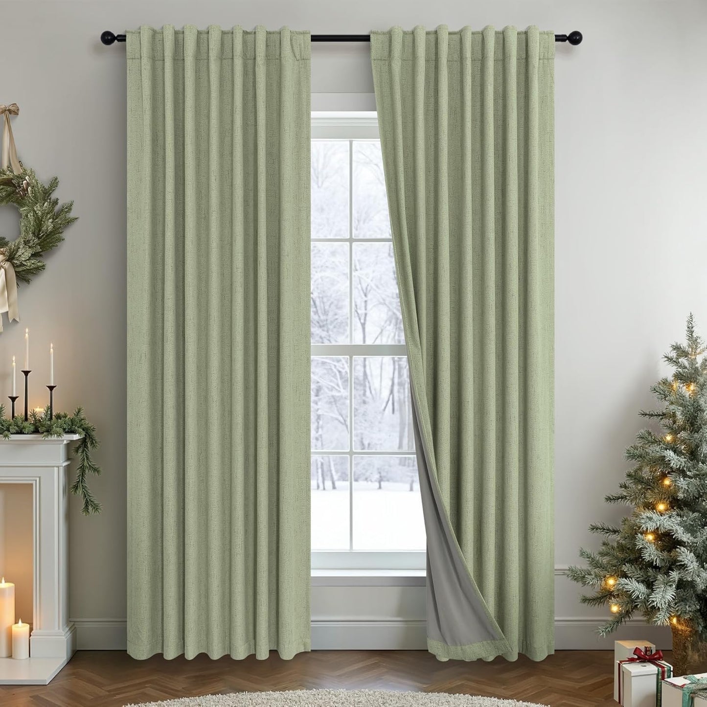 Cream Linen Black Out Curtains 70 Inches Extra Wide for Living Room 2 Panels Back Tab Pocket Pleated Ivory Blackout Bedroom for 72 Inches Window Curtain 84 Inch Long Thermal Room Darkening Heavy Drape