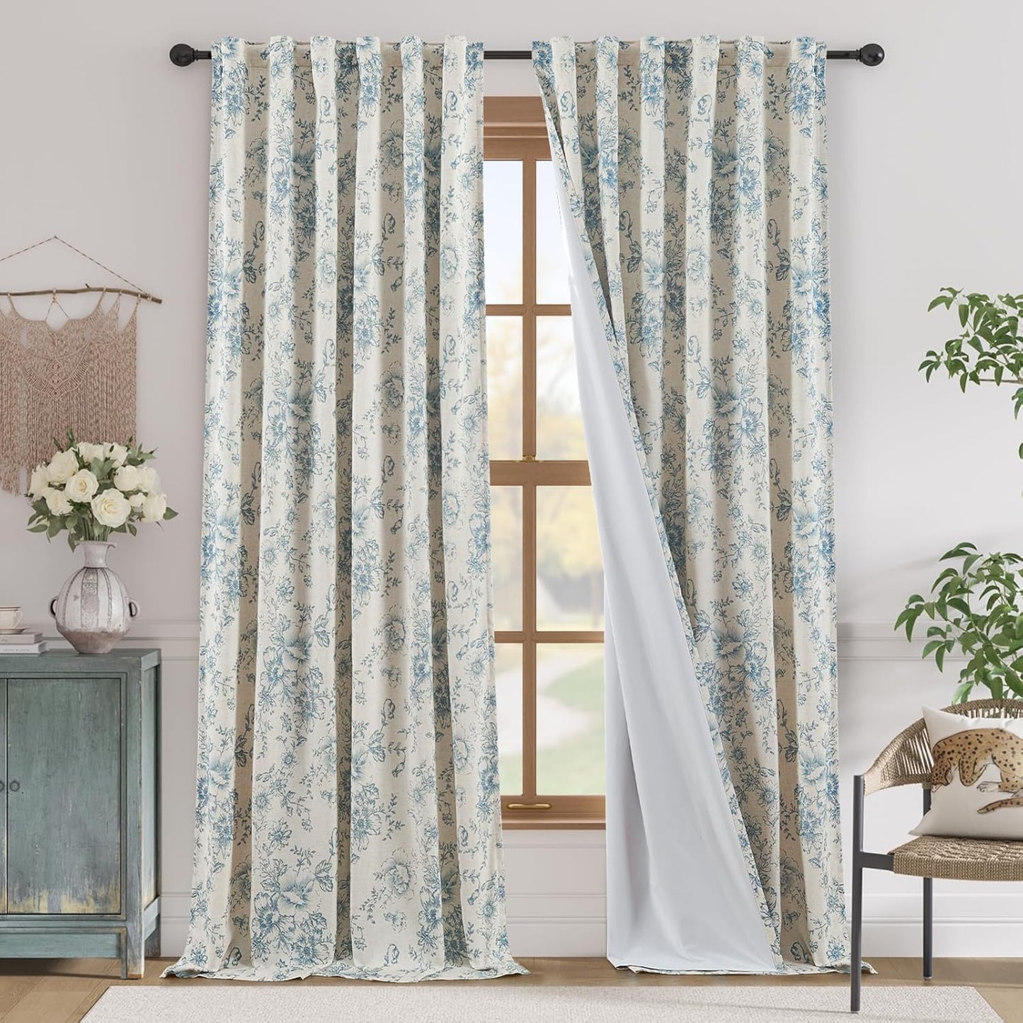 jinchan Blackout Linen Blend Curtain Floral Blackout Curtains for Living Room 84 Inch Length Black Printed with Lined Blackout Curtain for Bedroom Farmhouse Curtains Set 2 Panels