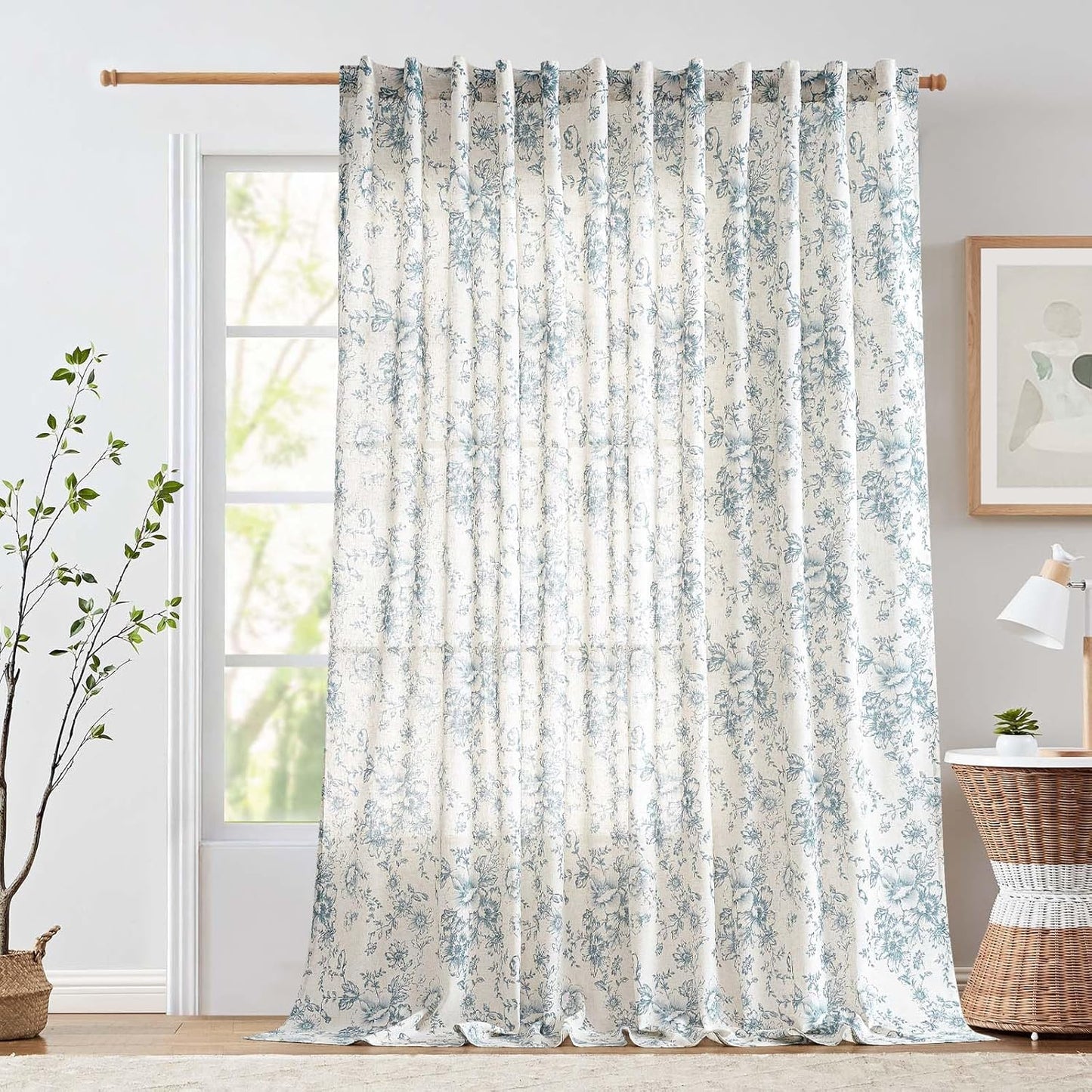 jinchan Blackout Linen Blend Curtain Floral Blackout Curtains for Living Room 84 Inch Length Black Printed with Lined Blackout Curtain for Bedroom Farmhouse Curtains Set 2 Panels