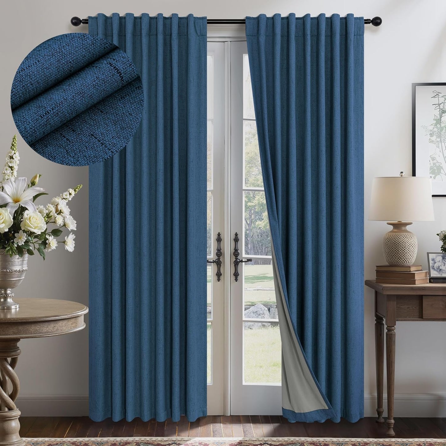 Cream Linen Black Out Curtains 70 Inches Extra Wide for Living Room 2 Panels Back Tab Pocket Pleated Ivory Blackout Bedroom for 72 Inches Window Curtain 84 Inch Long Thermal Room Darkening Heavy Drape