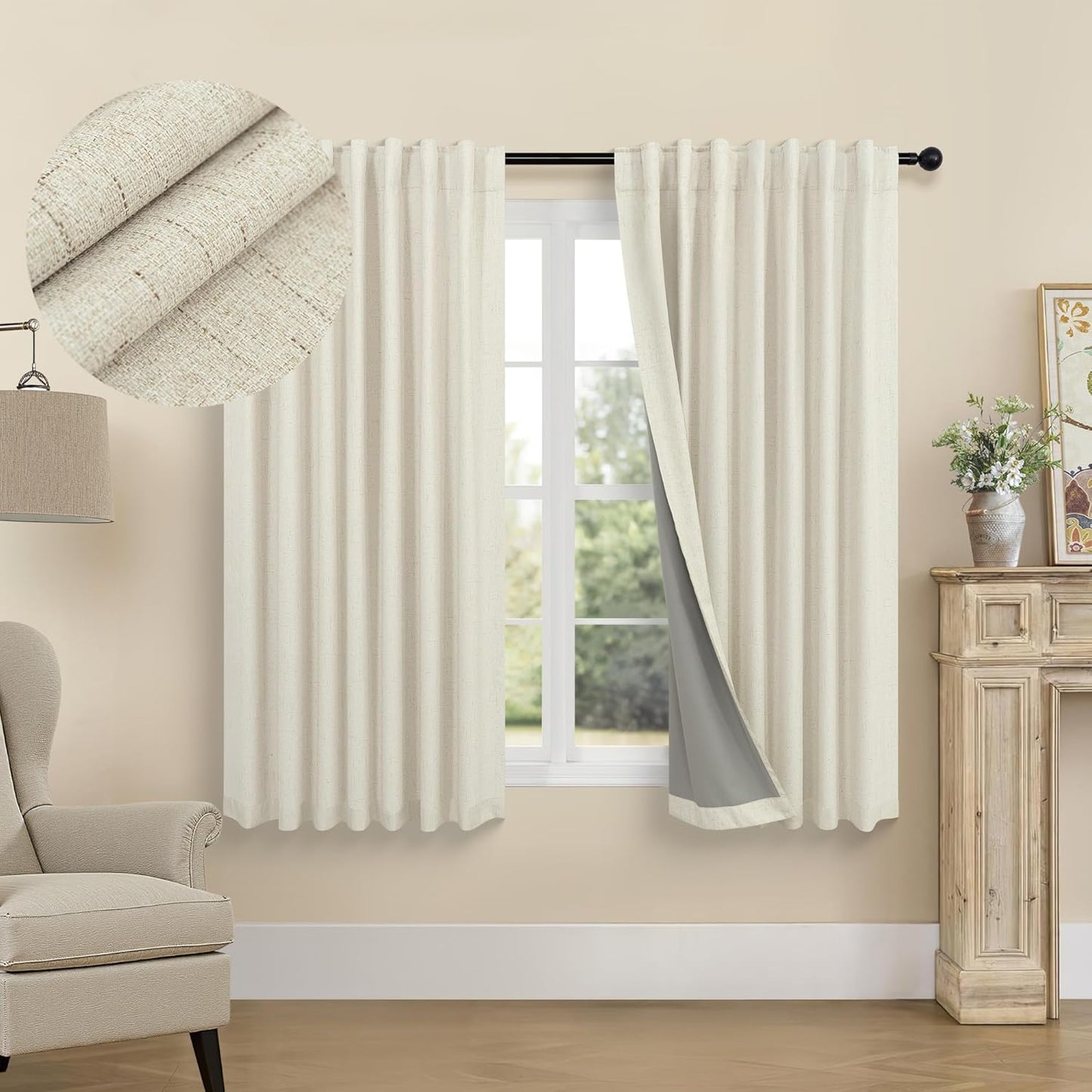 Cream Linen Black Out Curtains 70 Inches Extra Wide for Living Room 2 Panels Back Tab Pocket Pleated Ivory Blackout Bedroom for 72 Inches Window Curtain 84 Inch Long Thermal Room Darkening Heavy Drape