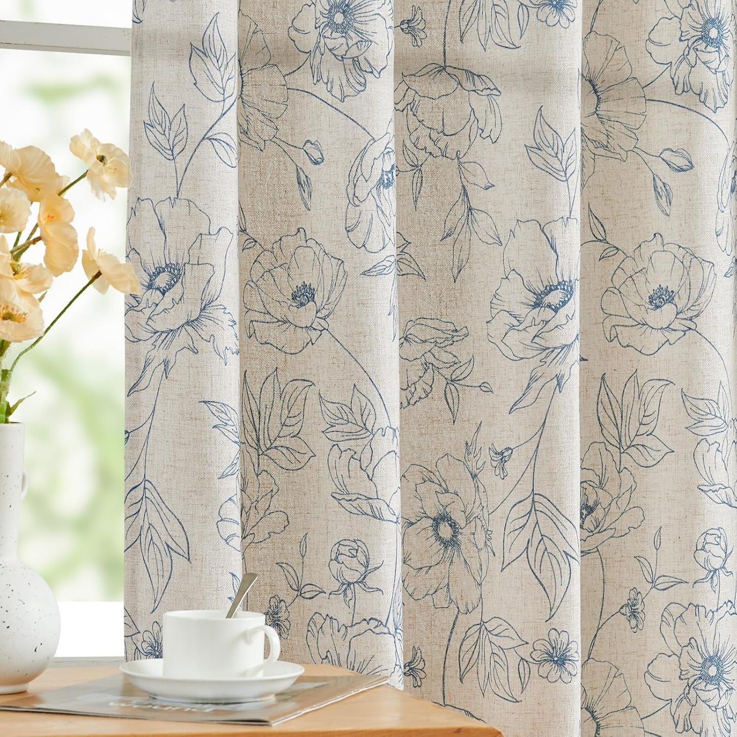 jinchan Blackout Linen Blend Curtain Floral Blackout Curtains for Living Room 84 Inch Length Black Printed with Lined Blackout Curtain for Bedroom Farmhouse Curtains Set 2 Panels