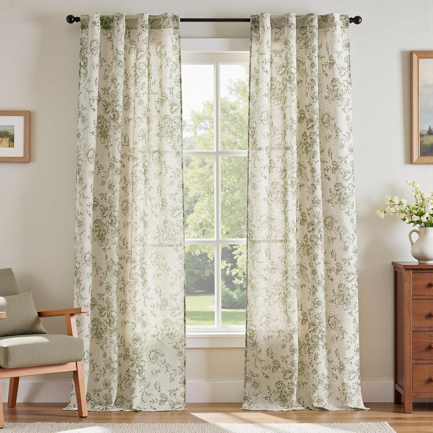 jinchan Blackout Linen Blend Curtain Floral Blackout Curtains for Living Room 84 Inch Length Black Printed with Lined Blackout Curtain for Bedroom Farmhouse Curtains Set 2 Panels