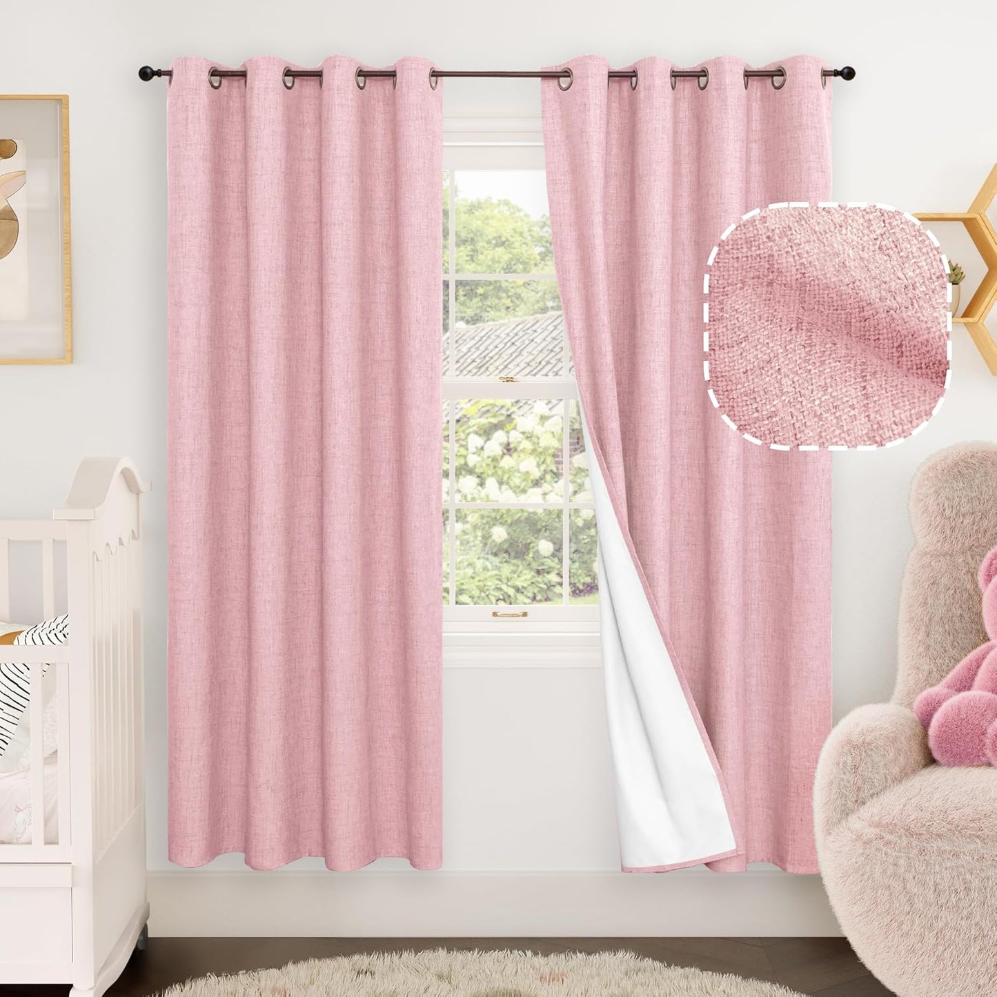 60 Inch Wide Linen Blackout Curtains for Living Room/Bedroom 84 Inch Length 2 Panels, Total Black Out Thermal Insulated Soundproof Grommet Boho Window Drapes White Liner for Modern Farmhouse, Natural
