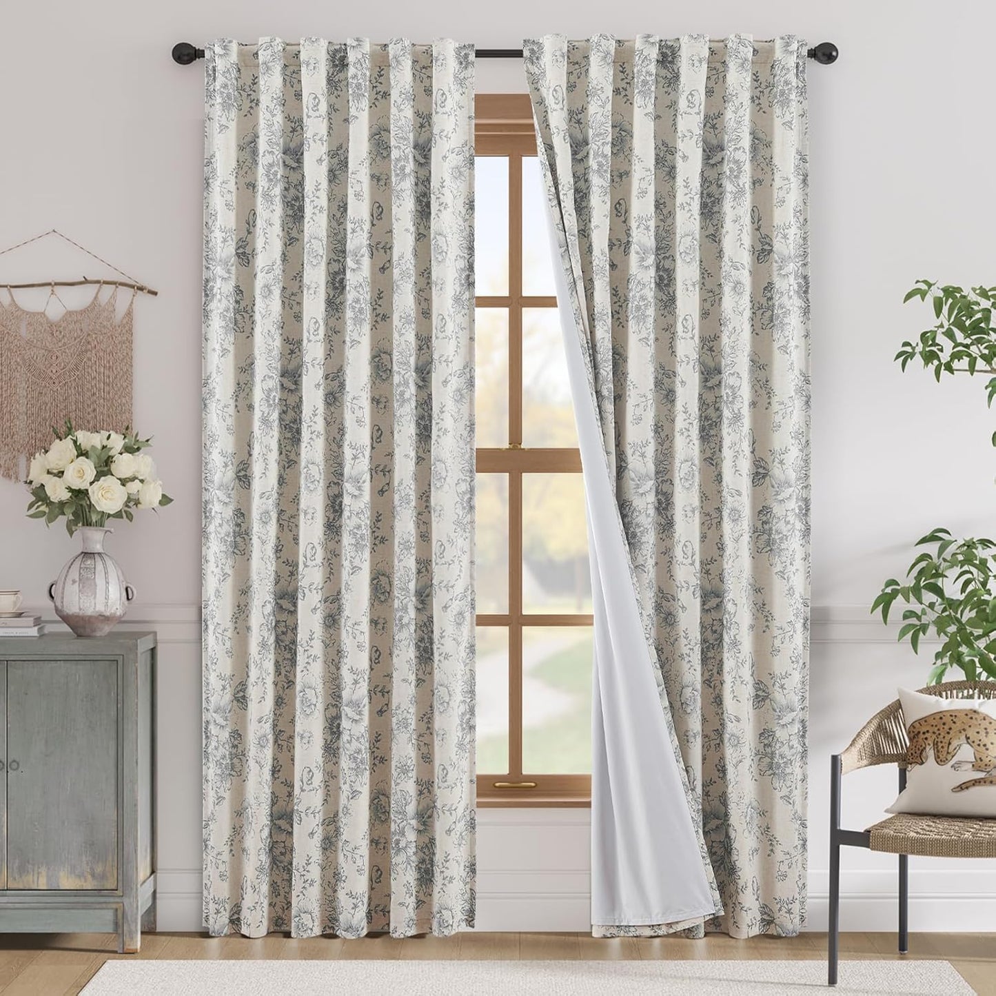 jinchan Blackout Linen Blend Curtain Floral Blackout Curtains for Living Room 84 Inch Length Black Printed with Lined Blackout Curtain for Bedroom Farmhouse Curtains Set 2 Panels