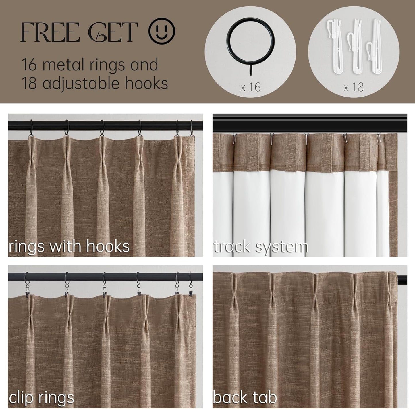 96 Inch Long Pinch Pleated Dark Linen Color Curtains,100% Blackout Thermal Insulated Natural Pinch Pleat Rustic Country Style Drapes with Hooks Rings 2 Panel Sets,Taupe Tan 8FT Window Curtain